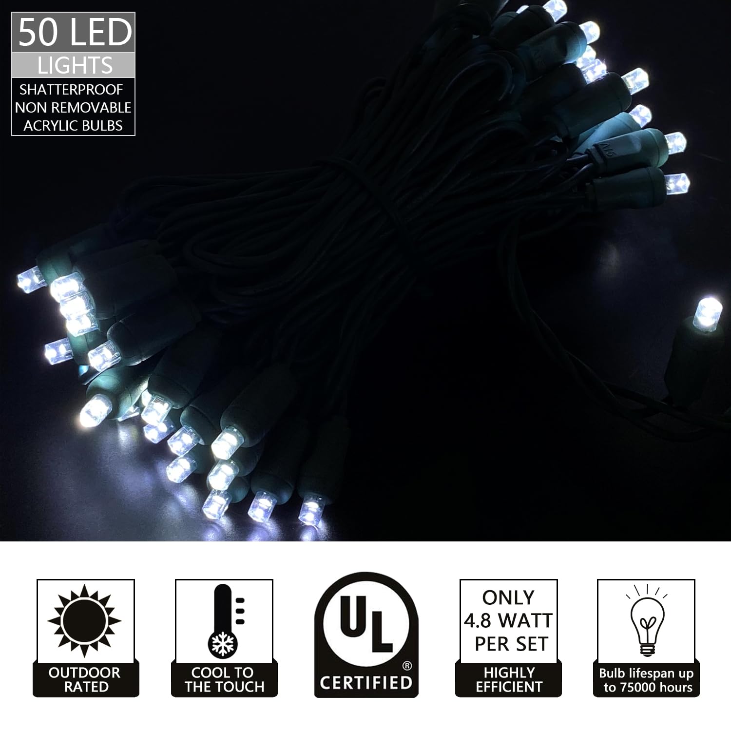 Everfit Lighting LED Christmas Lights, 50 Count, 5MM Wide Angle, 17 Feet Green Wire, Cold White, Model I3-50-1