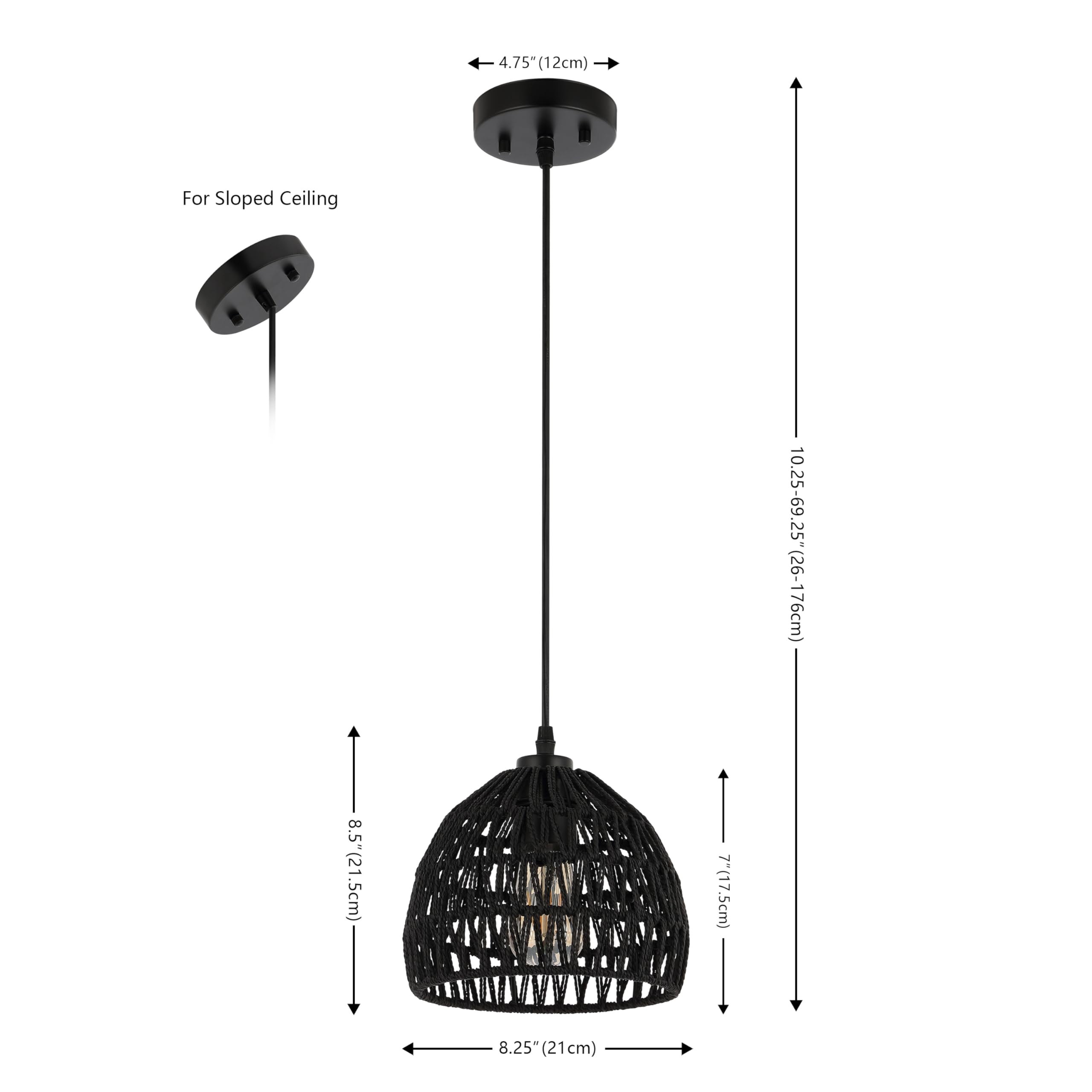 JONATHAN Y JYL6512B 1-Light Bohemian Modern Pendant, 8.25in Woven Rope/Iron, Black