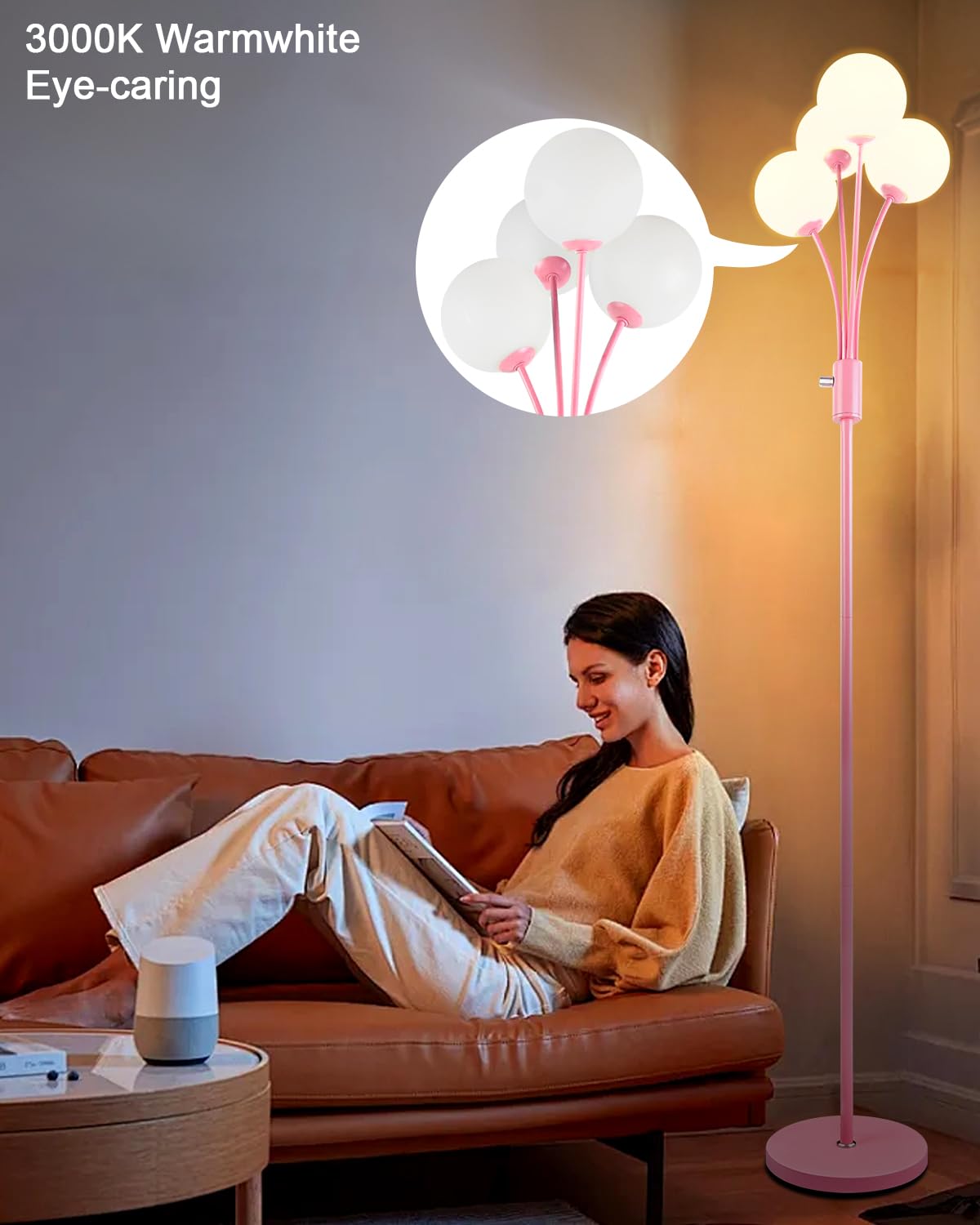 Lightdot 67In Dimmable Globe Floor Lamp 4-Lights Pink Standing Lamps With 4Pcs 3000K G9 Bulbs Soft Warm White Mid Century Modern
