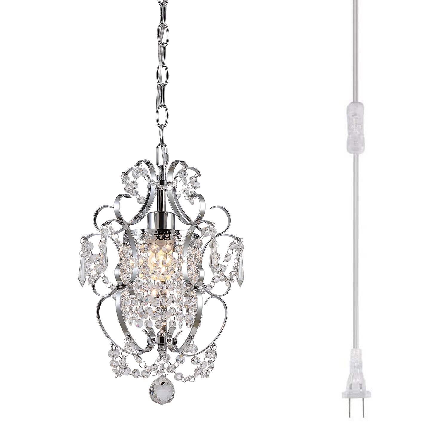 Raymalux Plug In Chandelier Hanging Lignt Fixture With 14.3 Ft Cord And On/Off Switch,Mini Chrome Crystal Light Fixture For Bedr