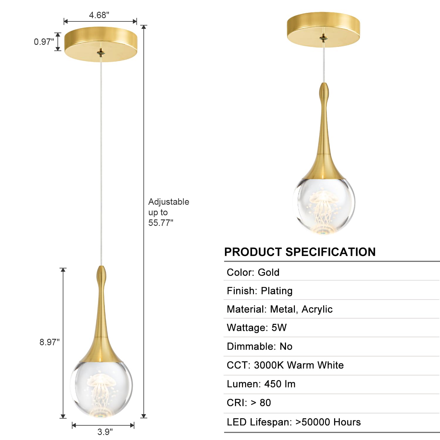 CHYING 1-Light Teardrop Crystal Pendant Light - Mini LED Globe Fixture, Jellyfish/Gold, 3000K Warm White for Kitchen Island, Dining Room, Bar
