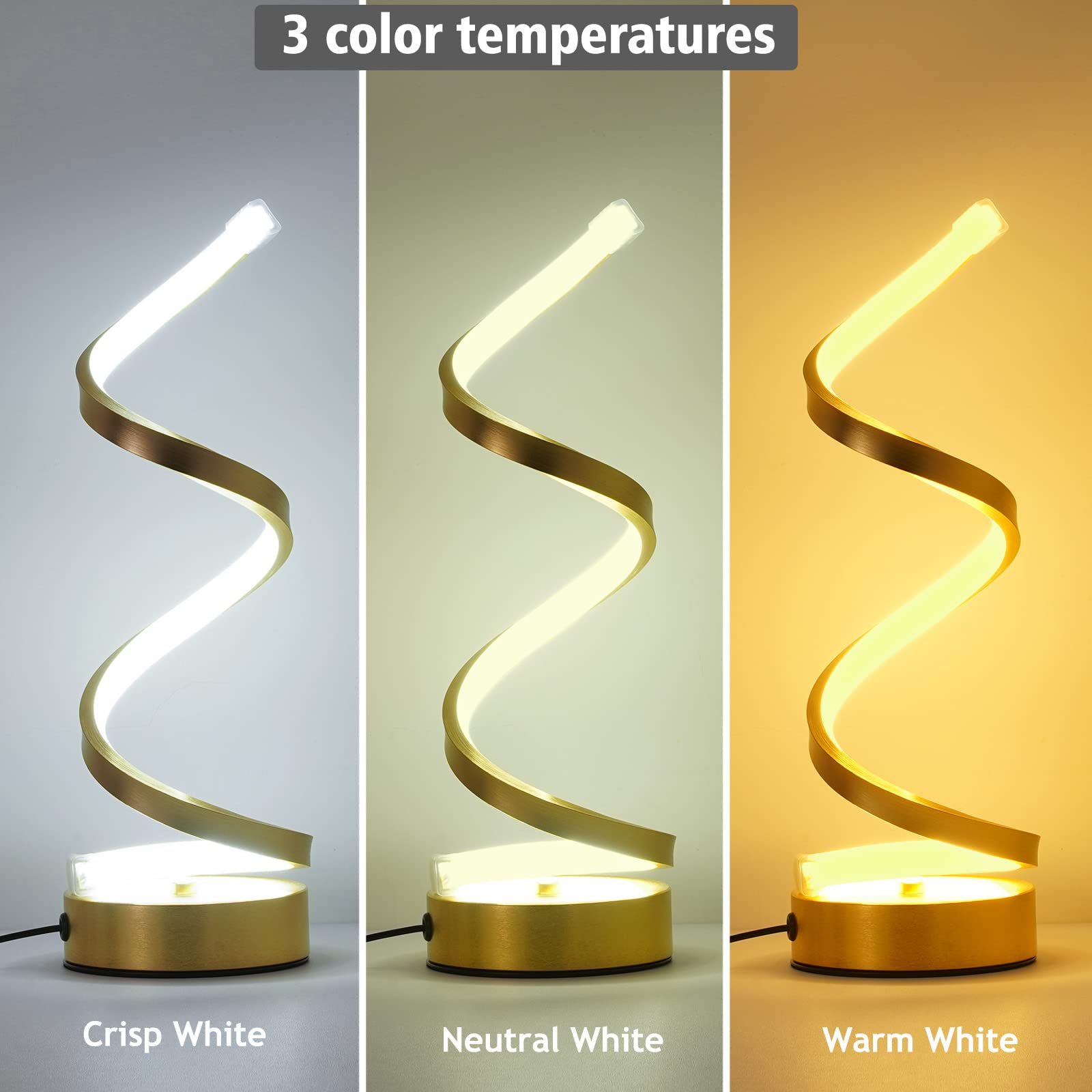 Nuür Gold Infinity Spiral Led Table Lamp, Dimmable Metallic Bedside Lamp With Touch Controller, 3 Colour Temperature, 15.8 Inch Height, Decorative Lamp For Home, Living Room & Office