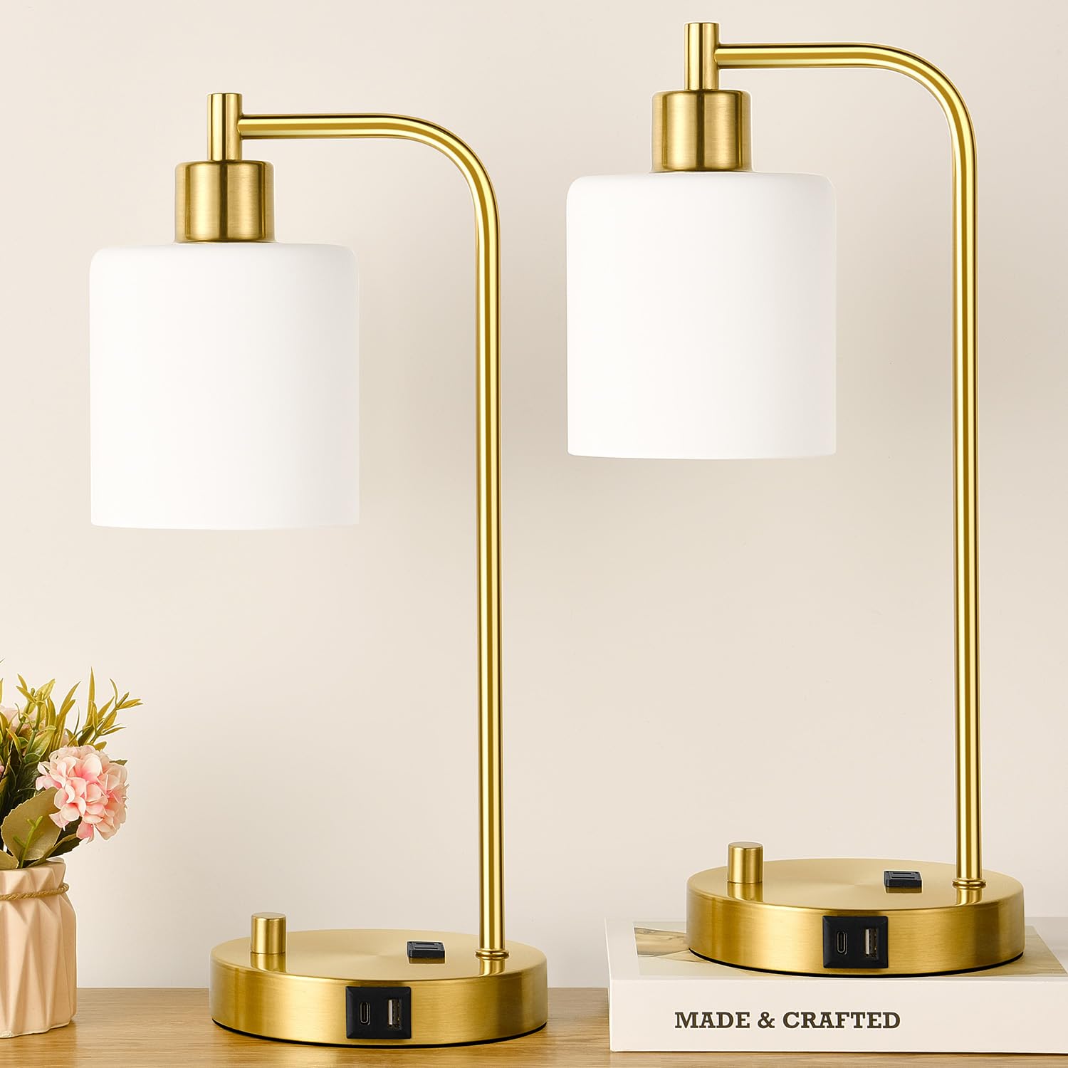 Lynnoland Set of 2 Industrial Table Lamps, Gold Dimmable with 2 USB Ports, Opal Glass Shade, Model L200026G6