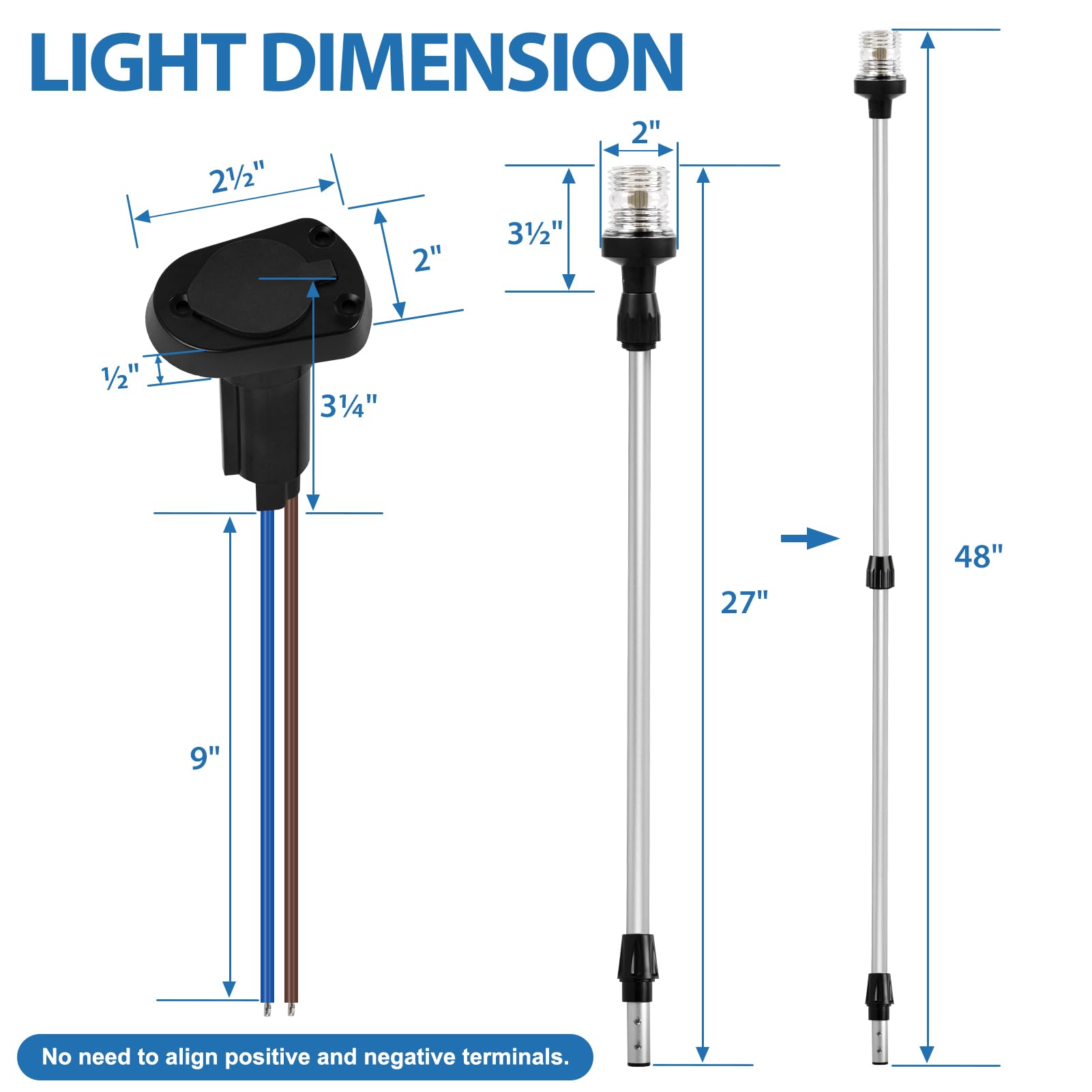 Obcursco 27"-48" Telescoping LED Boat Stern Light, 12V 3NM 360° Navigation for Pontoon, Yacht, Bass - Silver, Model OS004-