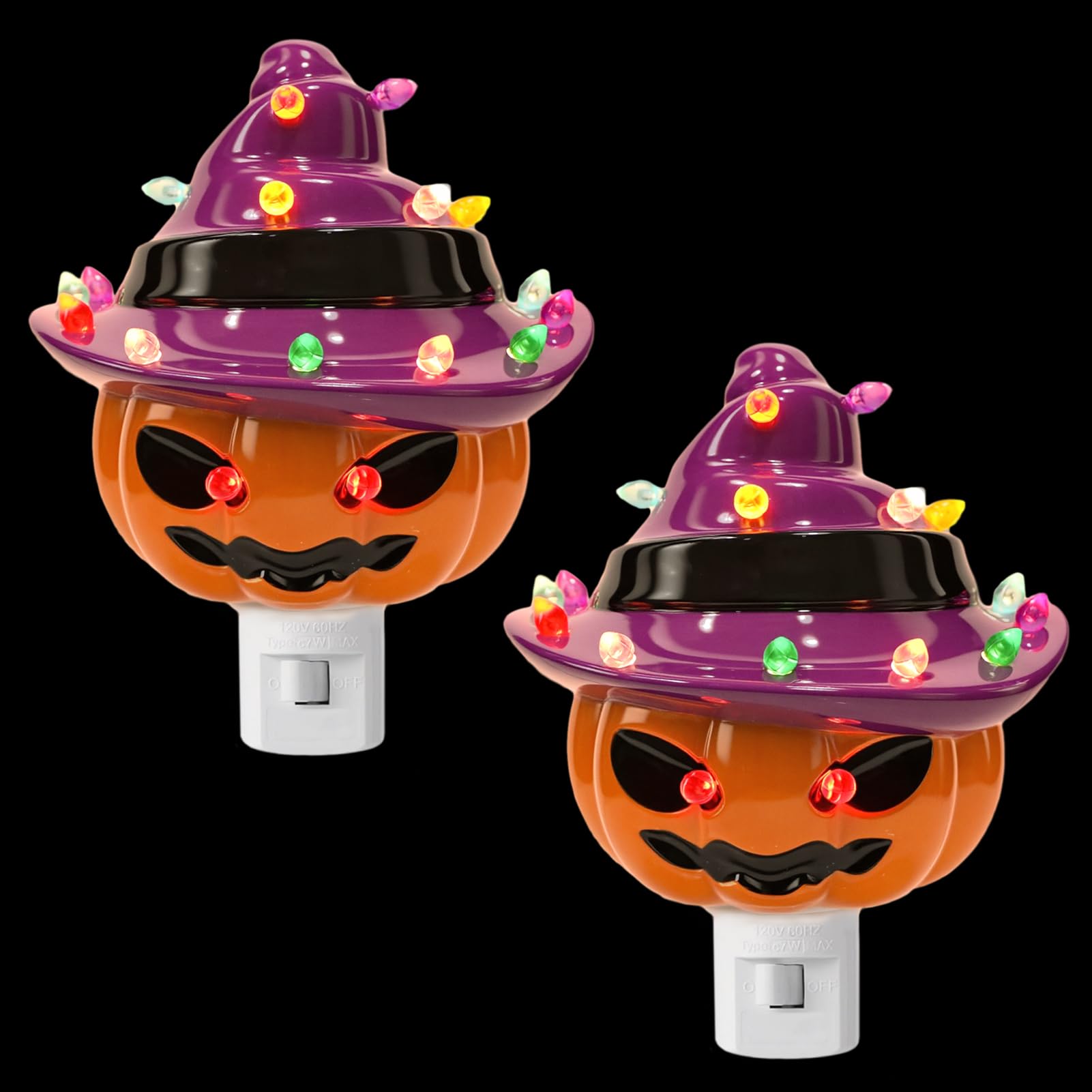 Lasumora Halloween Ceramic Night Light Plug-In  2 Pack Pumpkin In Witch Hat  Vintage Halloween Decorative Night Light  Festive Halloween Decor Indoor Jack O Lantern For Party Gift Bedroom & Hallway