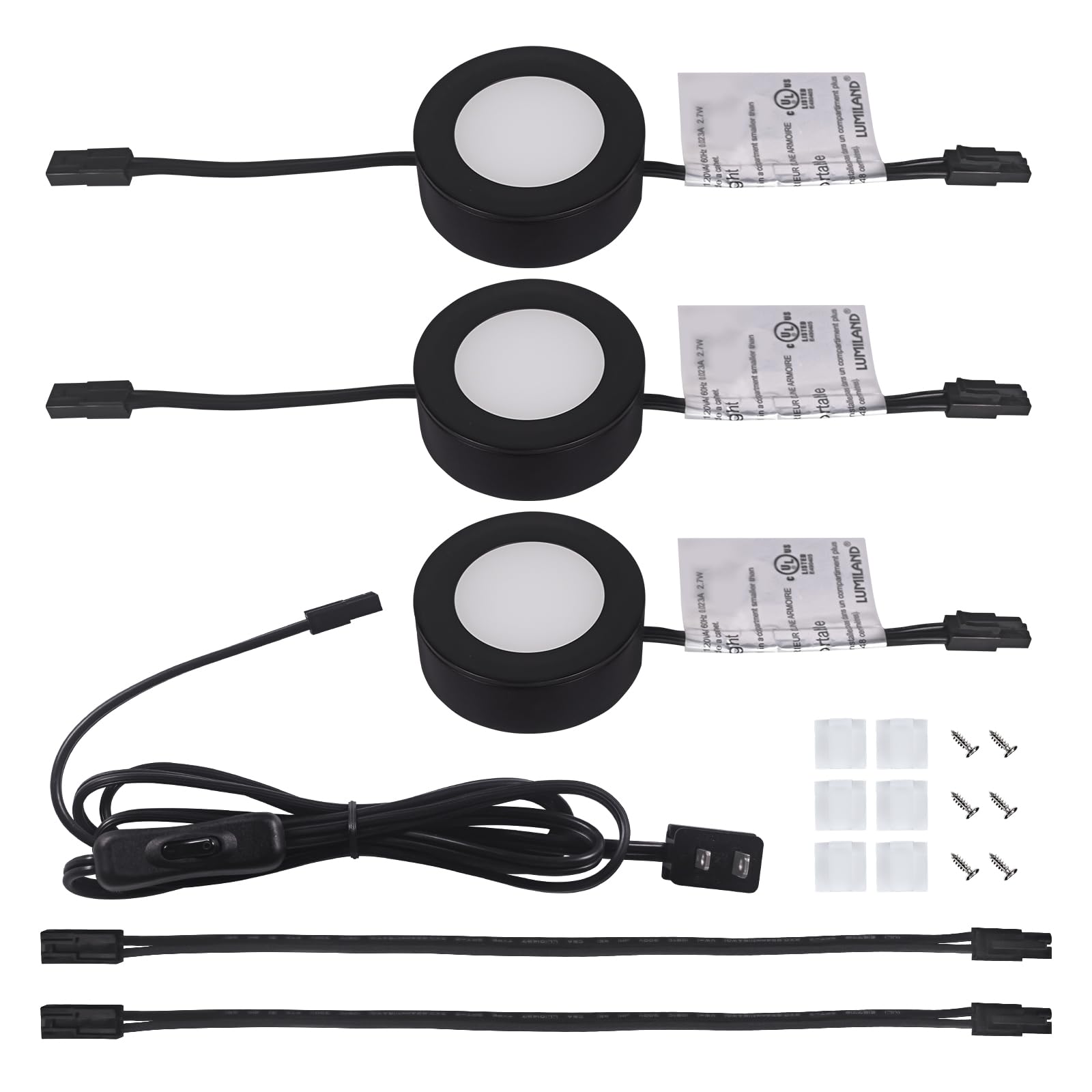 LUMILAND Wired LED Puck Lights - Natural White (4000K), Black, 3-Pack, Surface/Recess Mount, Model 20840B-BK-NW-S3