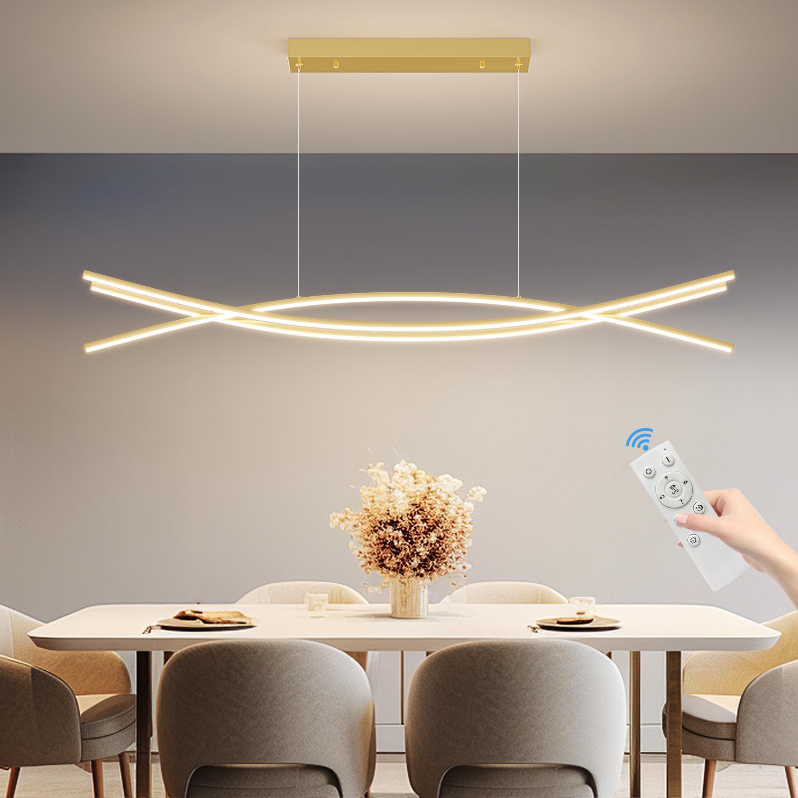 Mikeru Modern Ceiling Chandelier Light, 47in Gold Aluminum Pendant with Remote, Adjustable Color Temperature, Model NXF-YG