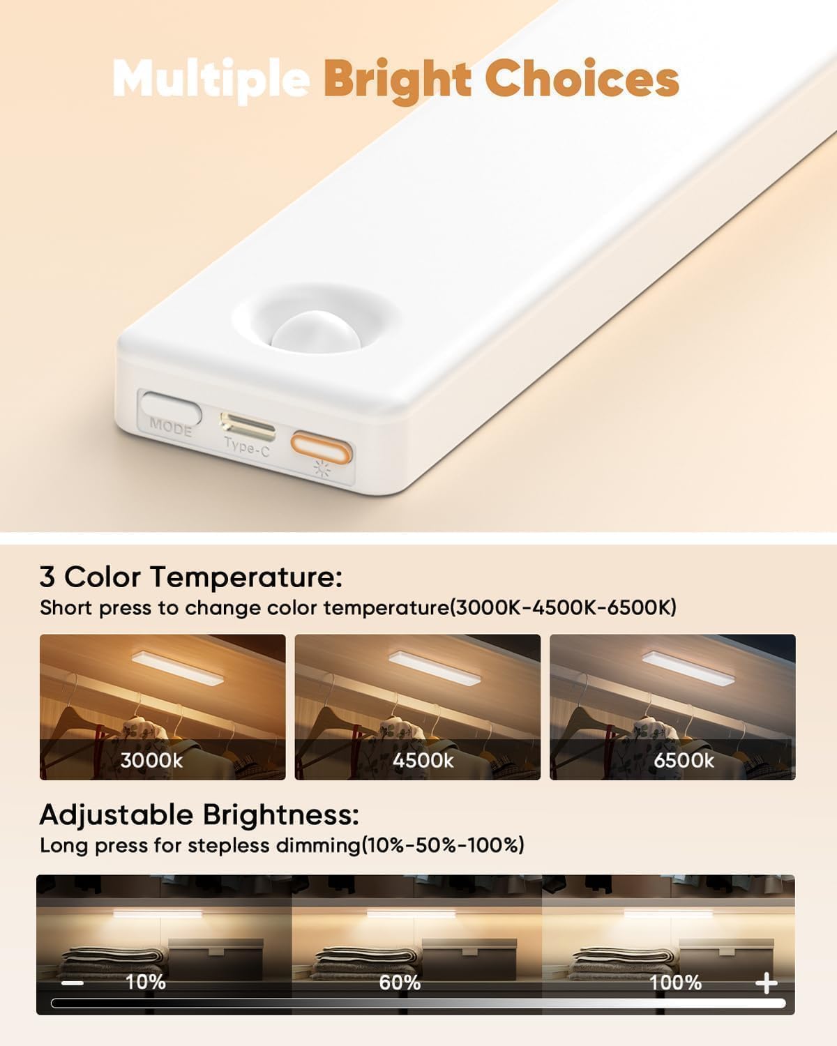 Auxoda Under Cabinet Lighting - Motion Sensor LED Lights, USB Rechargeable, 2-Pack 8 inch, 3 Color Temperatures, Wireless, Dimmable