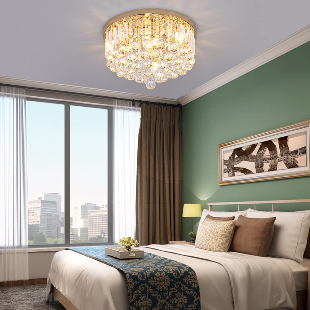 Gopmmy Mini Crystal Chandelier Ceiling Light, 16in Flush Mount, French Gold, Model XU-011, Modern K9 Crystal Design for Dining Room & Bedroom