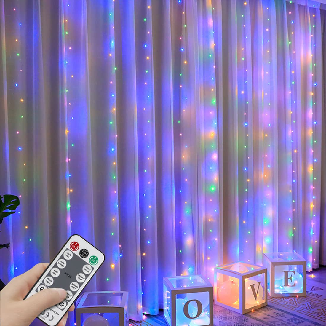 Yeoleh Curtain String Lights, Waterproof Copper Wire Curtain Lights With Control, 8 Modes Usb Fairy Lights Plug In Good For Wedding Bedroom Party Home Christmas Decorations,(Colorful,7.9Ft X 5.9Ft)