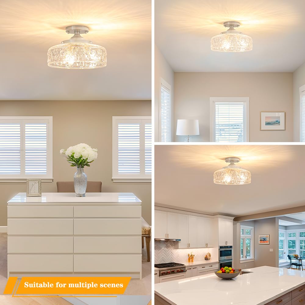 Brushed Nickel Semi Flush Mount Ceiling Light  3-Light Close To Ceiling Light  Flush Mount Ceiling Lighting With Globe Glass  Farmhouse Closet Fixtures For Hallway Bedroom Entryway Kitchen Porch E12