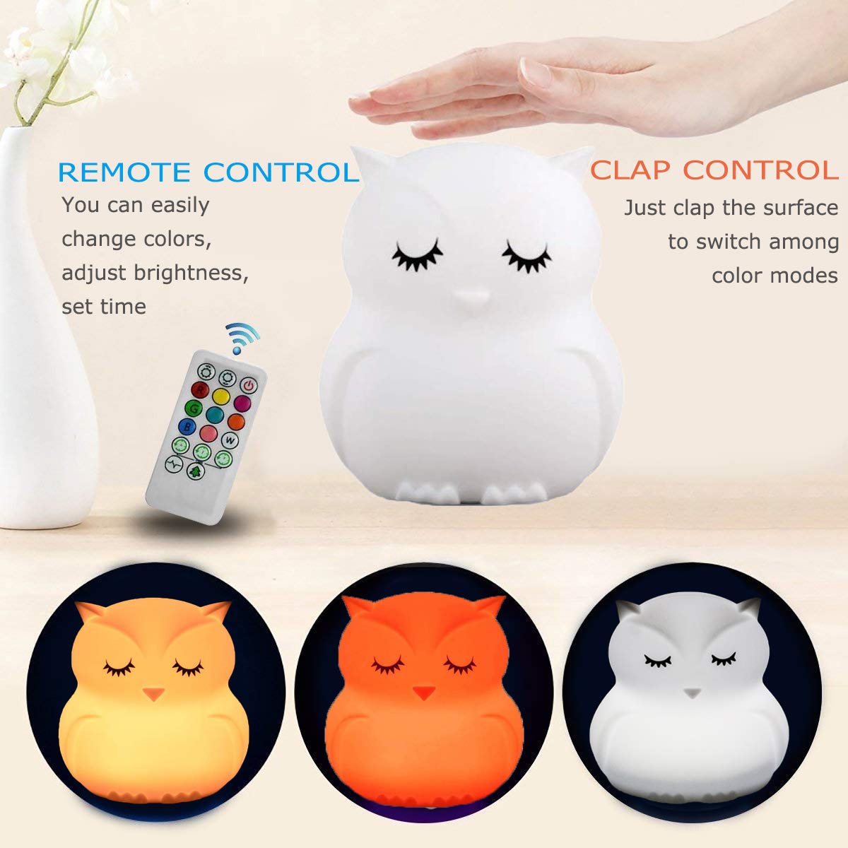 Glinrui Owl Night Light Baby Light Bedside Lamp Child, Silicone Nursery Lamp For Breastfeeding Bedroom Mood Lights, Eye Caring, Adjustable Brightness & Color, Time Setting, Holiday Gifts - Medium