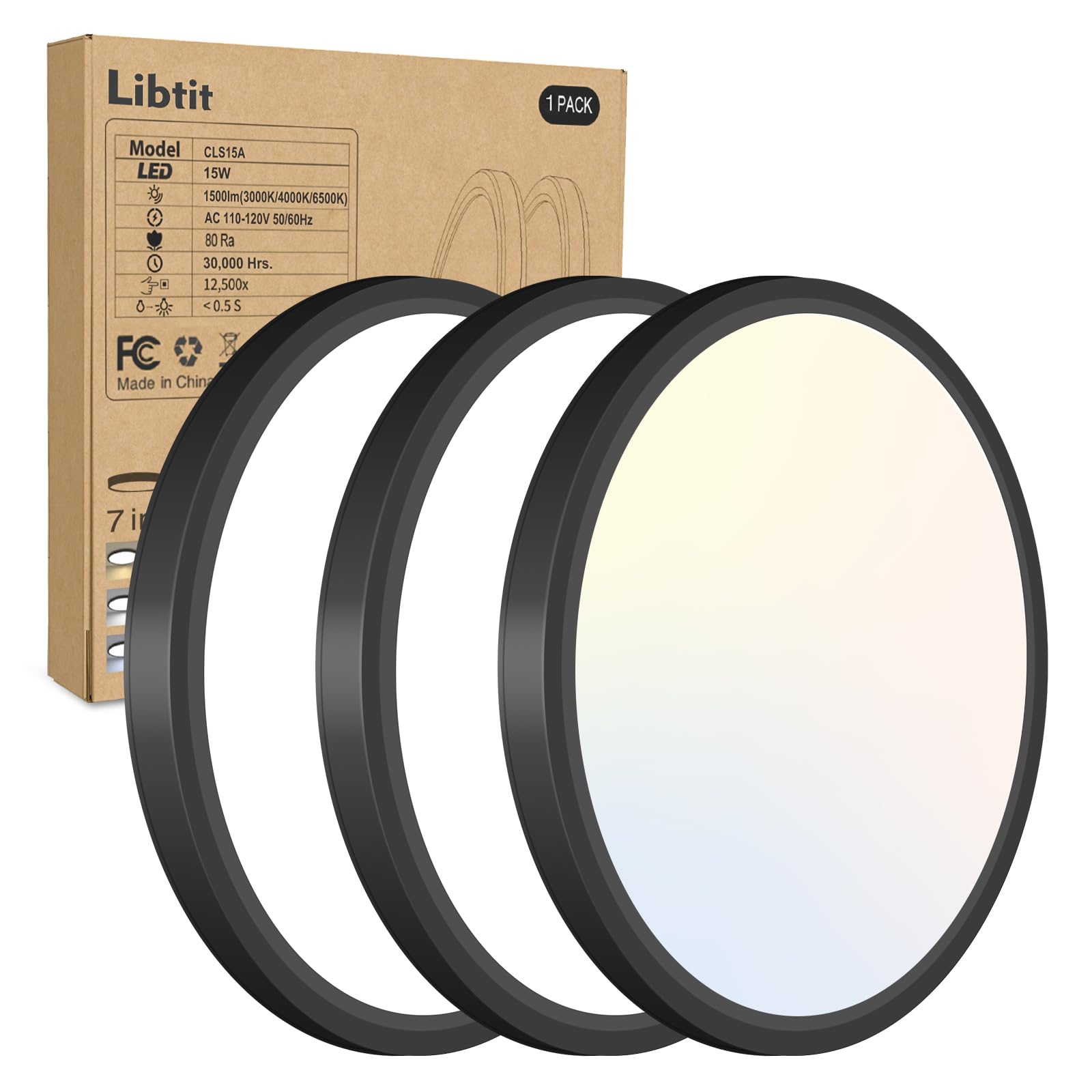 libtit 3Pack 7 inch Flush Mount Ceiling Light  15W 1500Lm Surface Mount LED Light Fixture 3000k/4000k/6500k Color Selectable  Black Thin Flat Round LED Lamp for Bathroom Kitchen Laundry LivingRoom