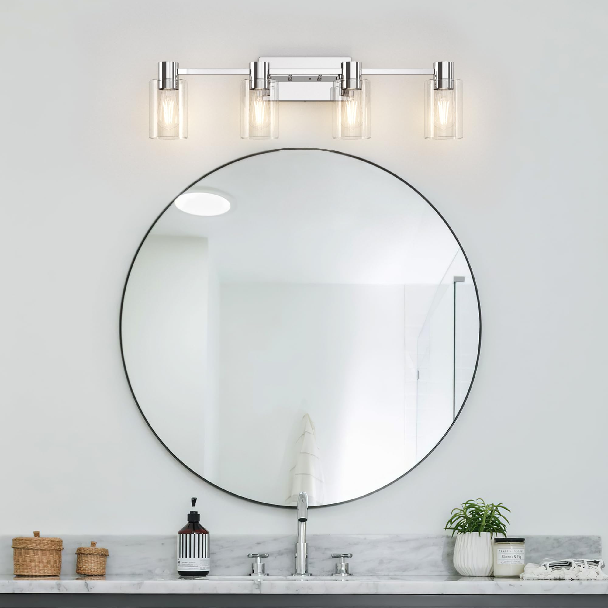 Esfos 4-Light Modern Vanity Light Fixture, Polished Chrome, Clear Glass Shade, E26 Base, Model ESF-W-018-1 for Bathroom