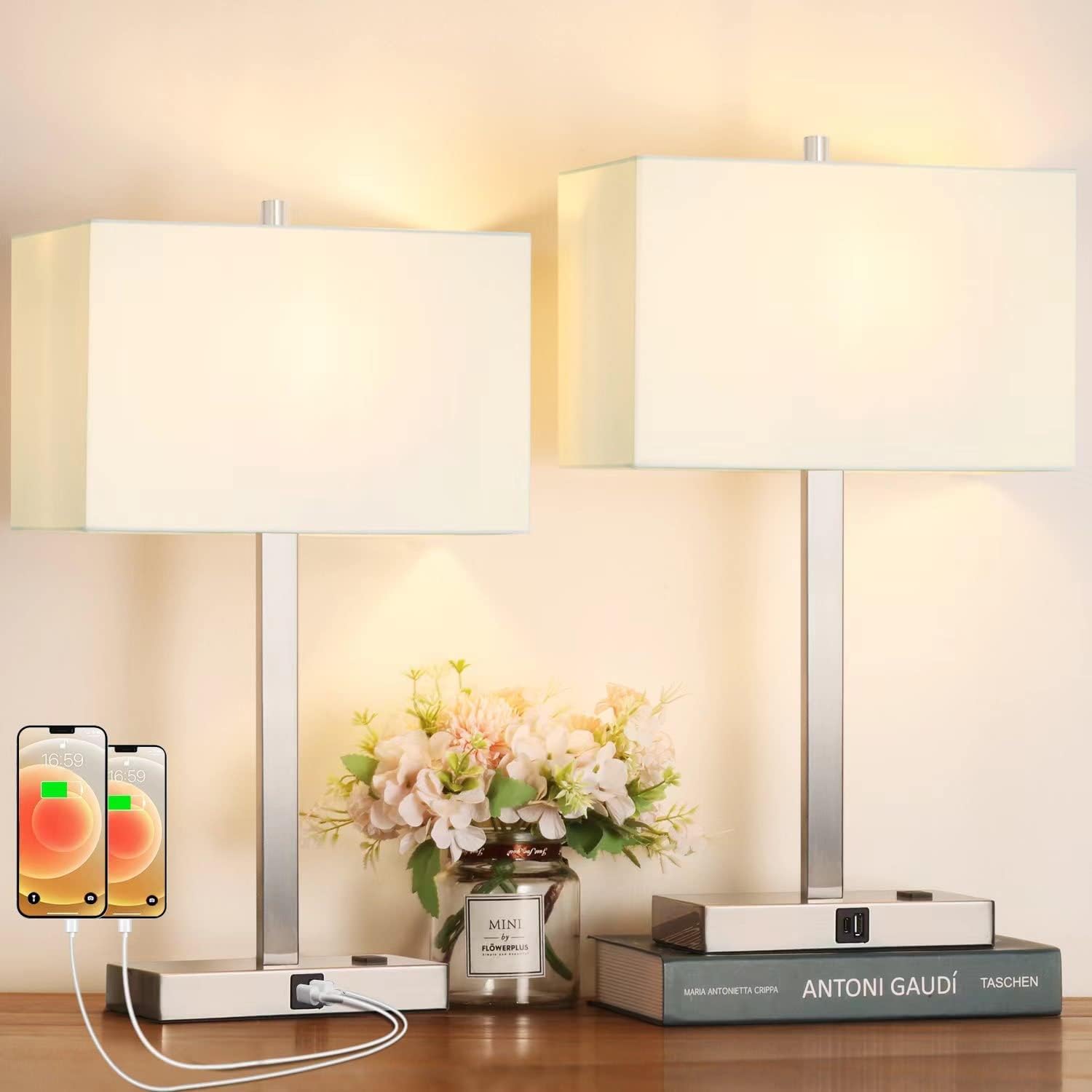 21 Touch Bedside lamps with 2 USB & AC Outlets, 3-Way Dimmable Bedside Table Lamps Set of 2 for Bedroom Living Room Office Readi