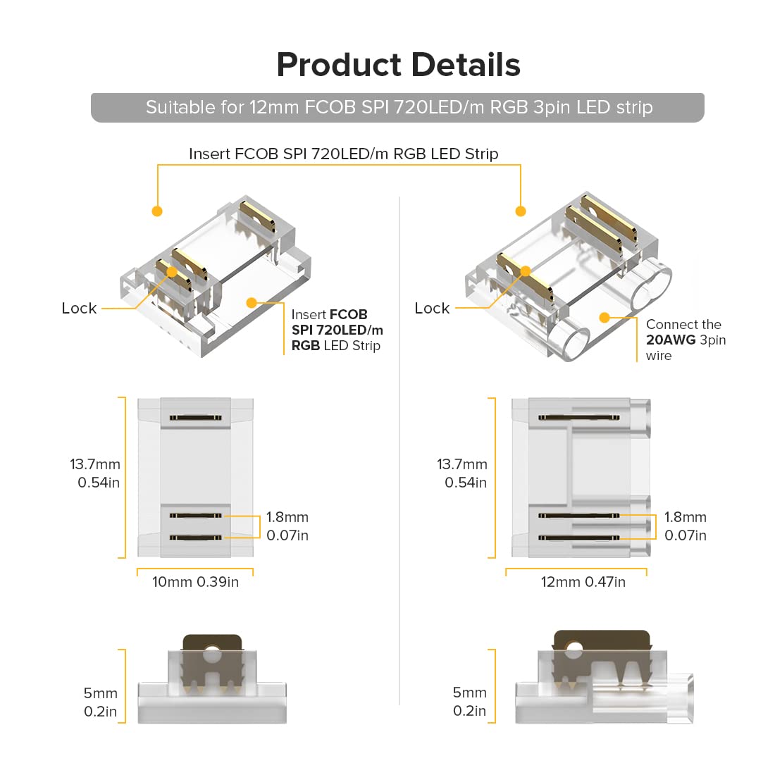Btf-Lighting Cob 3Pin 12Mm Width Transparent Connector Kit 8 Pairs Of Wire To Strip,8Pcs Gapless Connectors Only Support Fcob Spi Ws2811 720Led/M Rgb (+ Di Gnd) 3 Wires Led Light