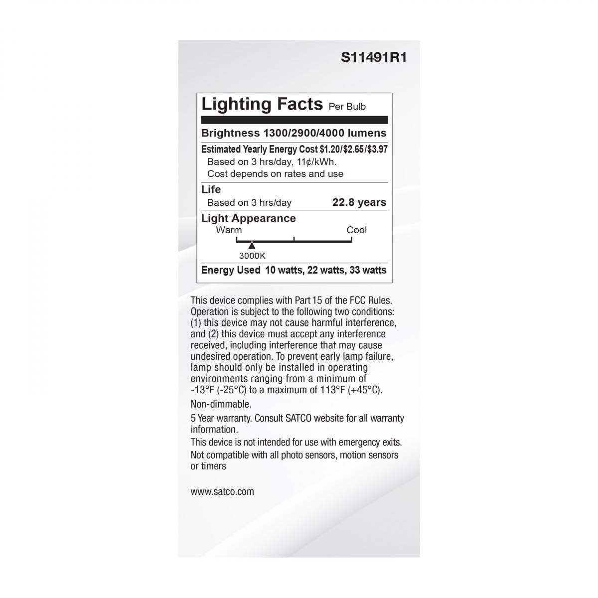 Satco Led Three-Way Lamp, 10/22/33W, Mogul Base, 3000K, White Finish (6)