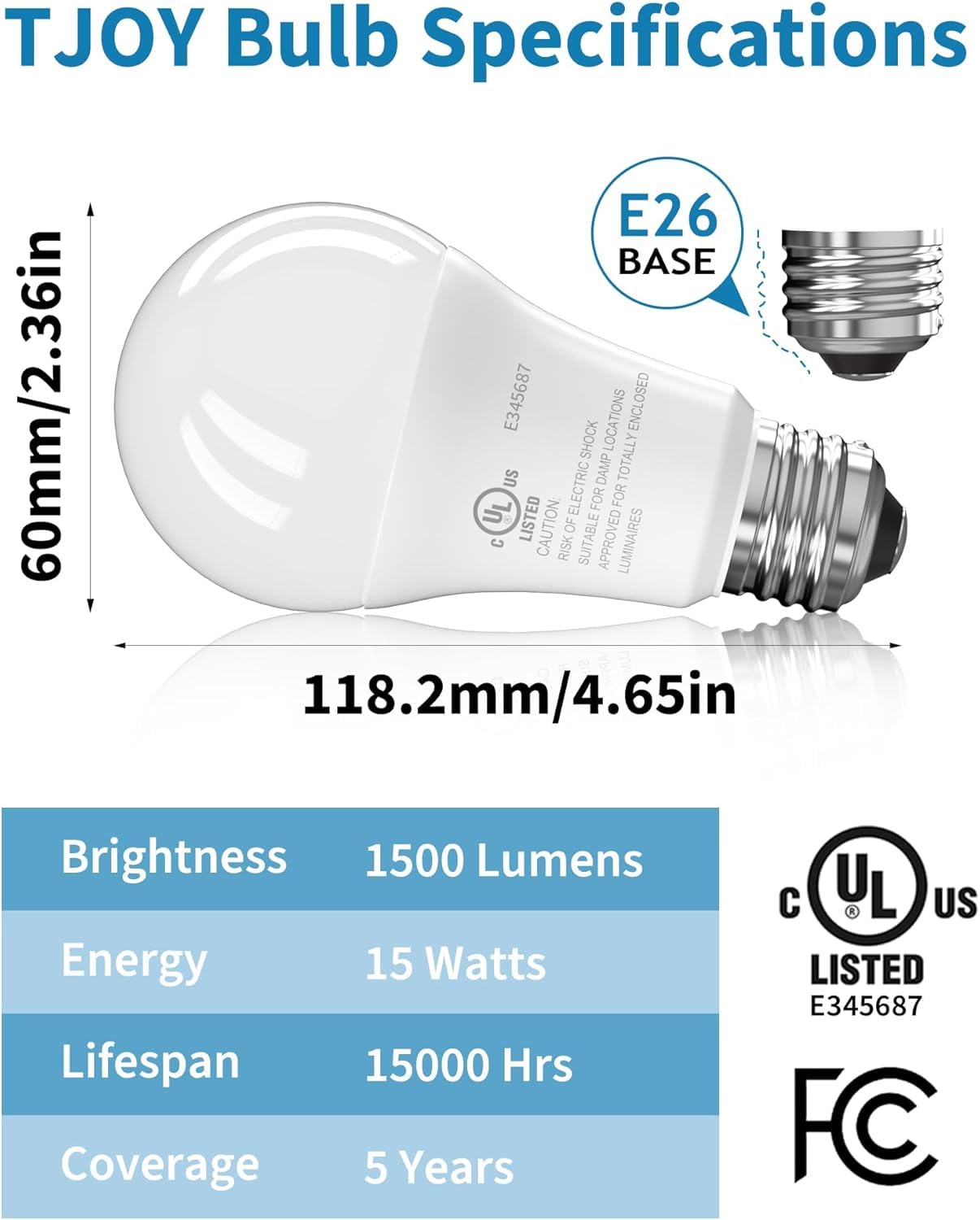 Tjoy Led Light Bulbs, 100 Watt Equivalent A19, 5000K Daylight Led Bulb, 15W Bright White Energy Saving Lightbulbs With E26 Stand