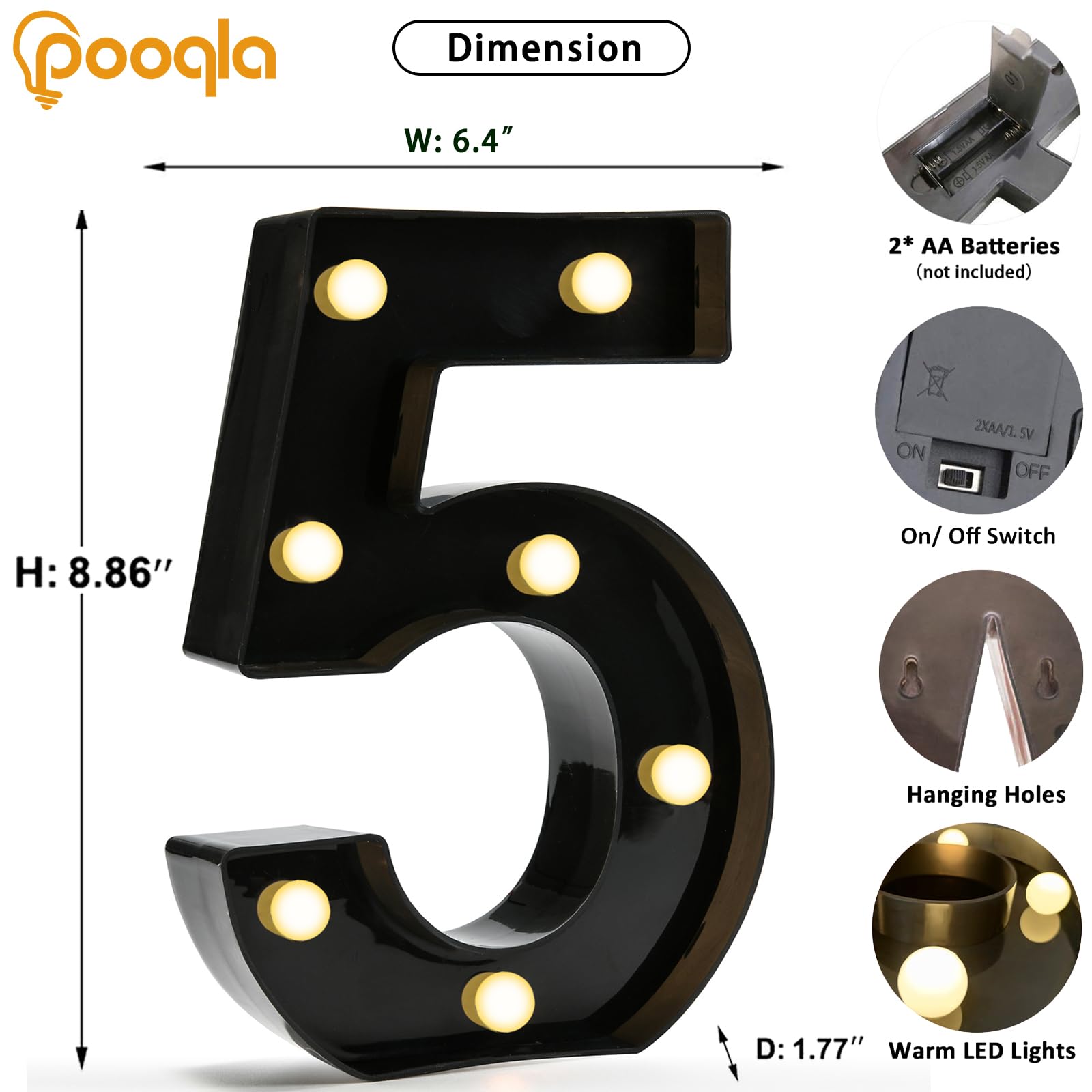 Pooqla Decorative Led Light Up Number Letters, Black Plastic Marquee Number Lights Sign For 5Th 15Th 50Th Birthday Party Wedding Decor Battery Operated Black Number 5