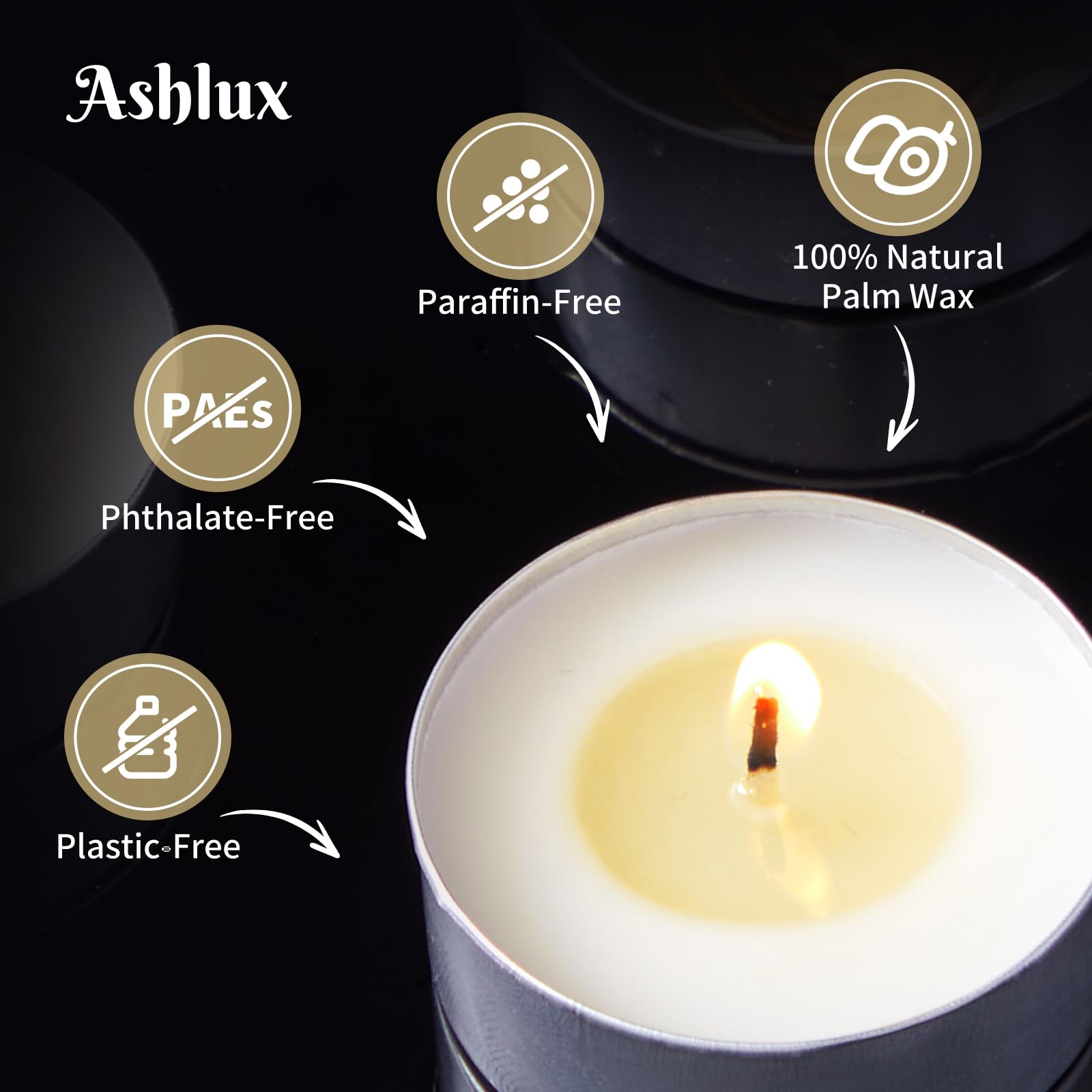 Ashlux Unscented Palm Tea Lights Candles 50 Pack Bulk, 8 To 9 Hours Long Burning White Tea Lights,Non-Paraffin, Smokeless, Mini Tealight Candles For Wedding, Table Centerpiece, Party, Power Outages