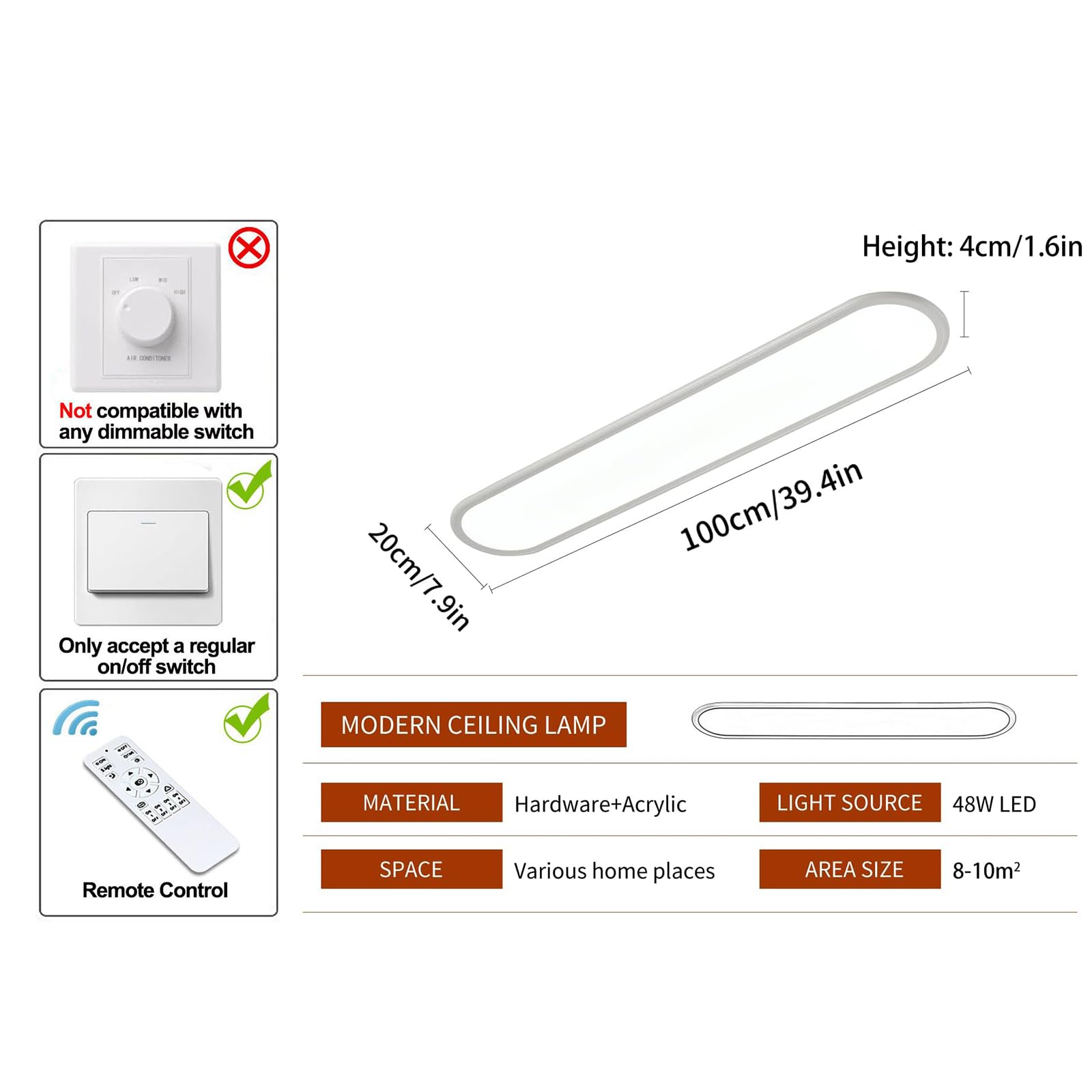 Ganeed 39.4 Inch Dimmable Led Ceiling Light, High Brightness Long Ceiling Lamps,3000-6500K Selectable Modern Ultra Thin Low Prof