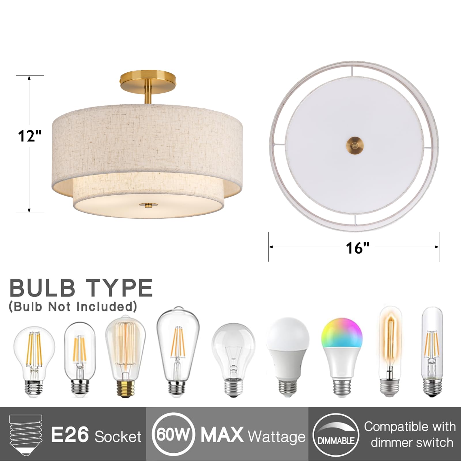 Calokes 16'' Double Drum Gold 3-Light Semi Flush Mount Ceiling Light, Classic Fabric Linen Shade Design For Living Room, Bedroom