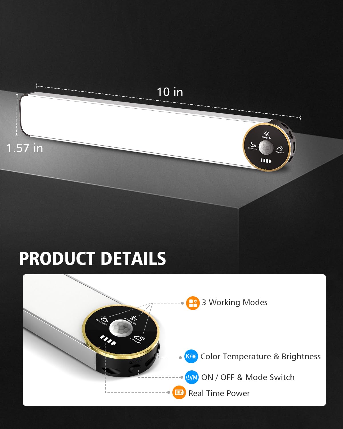 Colijoy 50 Led Motion Sensor Under Cabinet Lights, 3-Color Dimmable, Rechargeable 1600Mah Battery, Digital Display, 10 Inch Wire