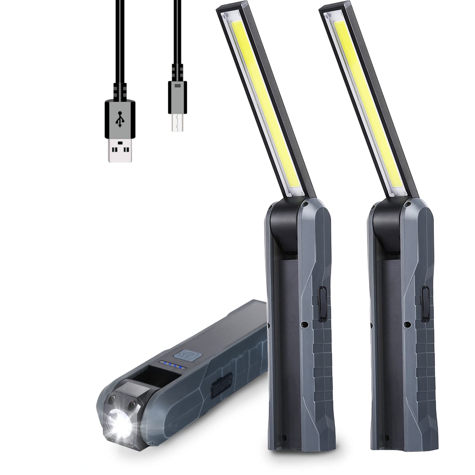 Durapower Rechargeable Led Work Light Automotive Foldable Usb Portable Flashlight Work Light With Magnetic Base, Hook, 270º Rotate, Power Indicator For Mechanic, Repair, Camping, Emergency Bbq - 2Pack