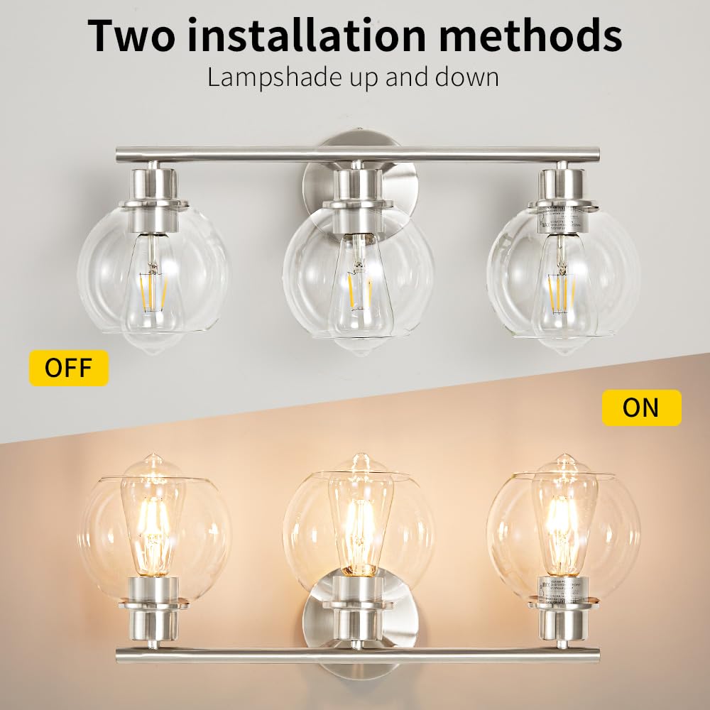 Lanmate Bathroom Vanity Light Fixture, 3-Light with Clear Glass Shade, 22 inch, Modern Brushed Nickel, Model 1746