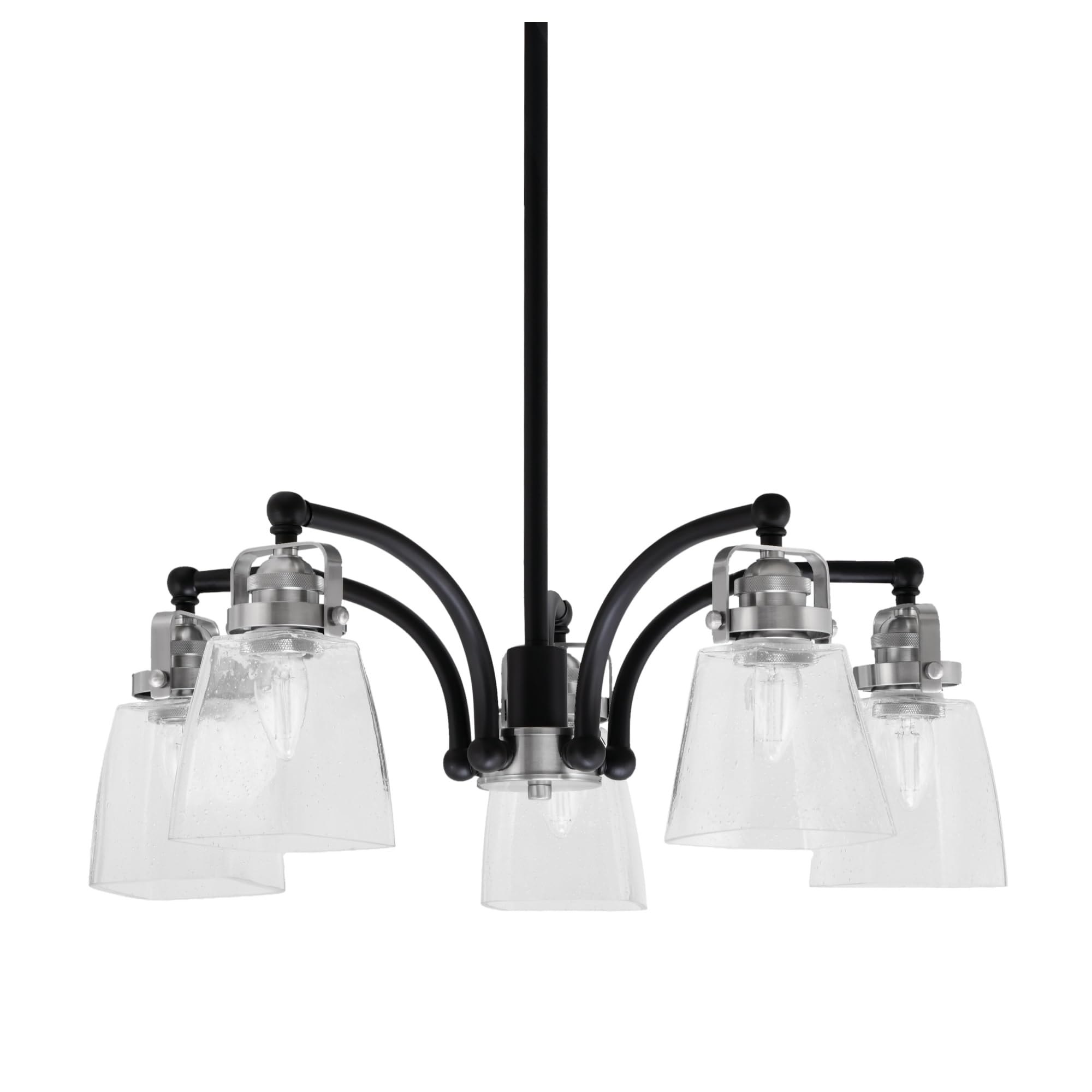 Easton Downlight, 5 Light, Chandelier Shown In Matte Black & Brushed Nickel Finish With 4.5&quot; Square Clear Bubble Glass