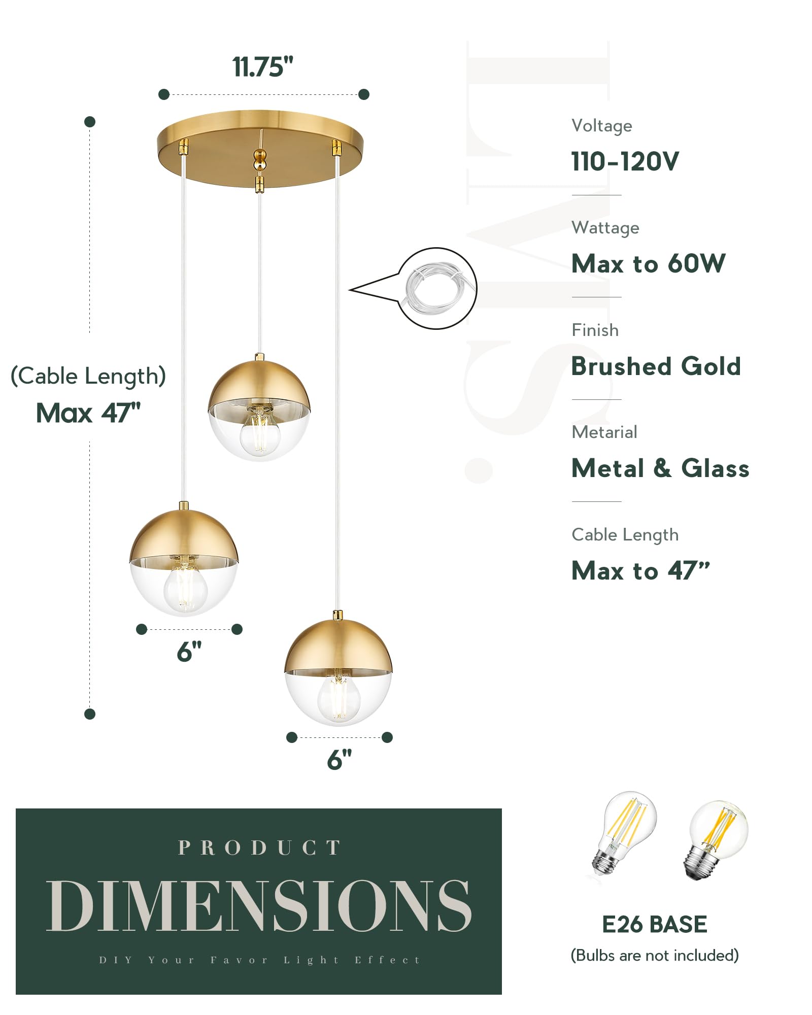 Lms Brushed Gold 3-Light Cluster Pendant Lights, Modern Kitchen Island Lighting With Clear Globe Glass Shade, Adjustable Hanging