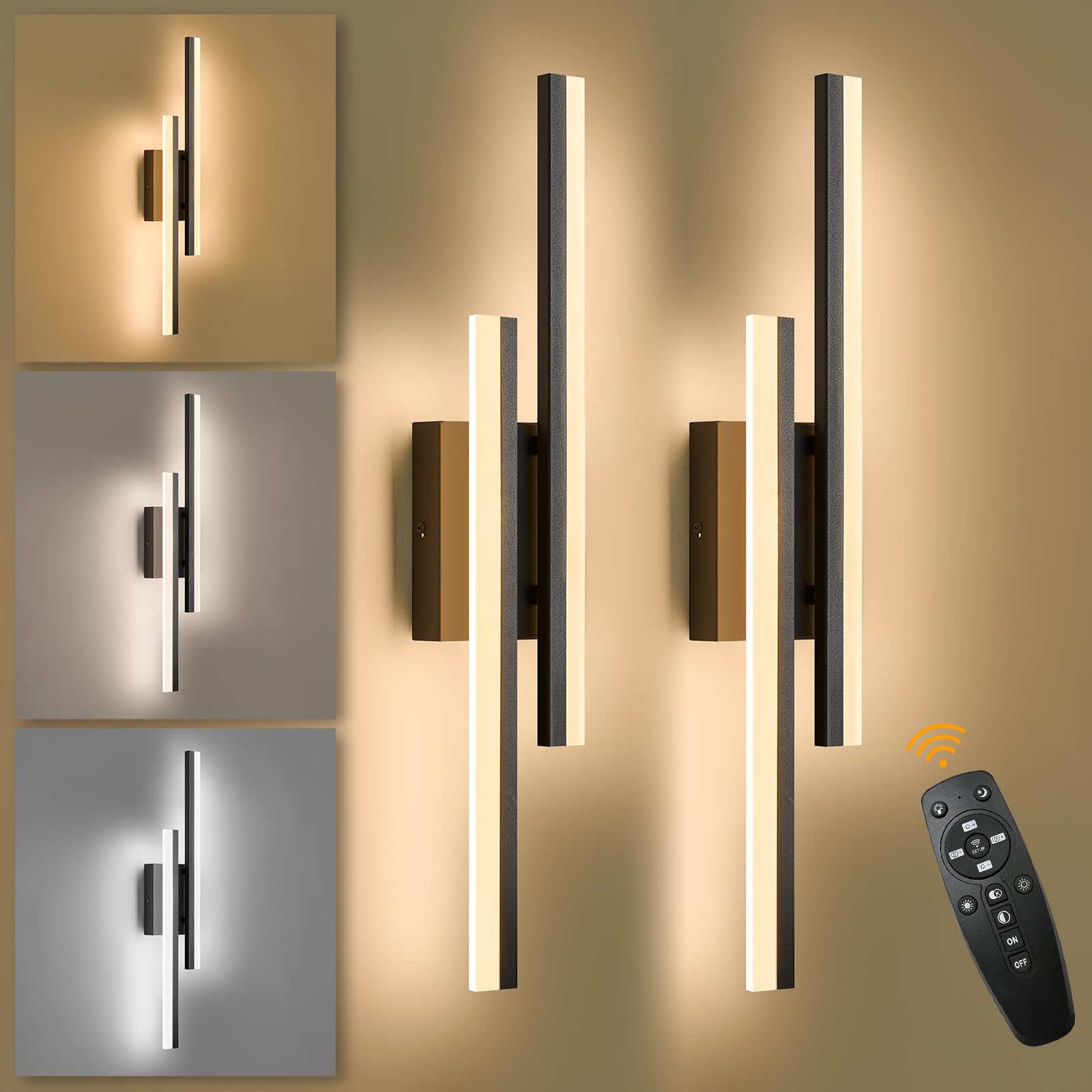 Sparklelf LED Wall Sconce Set of 2 Black Remote Modern LED Vanity Lights Set of 2 Indoor Wall Light Fixtures for Living Room  Dimmable Wall Sconce for Bedside Bedroom Bathroom  23.6inch 2 Pack