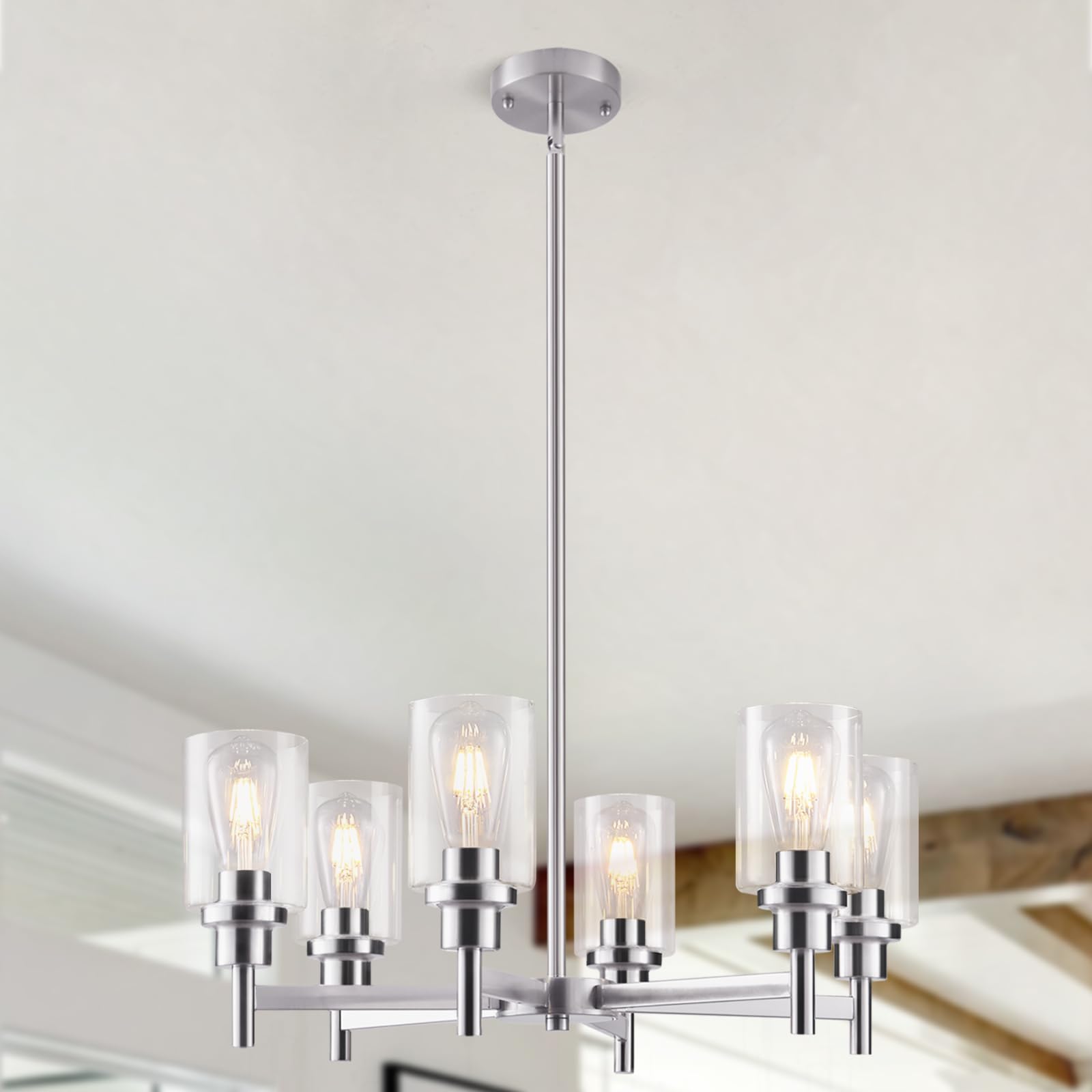 Seilisy 5 Lights Brushed Nickel Modern Farmhouse Chandelier for Dining Room with Glass Shade  Pre-Wired Height Adjustable Pendant Ceiling Lighting Fixture for Dining Living Room Bedroom Kitchen Foyer