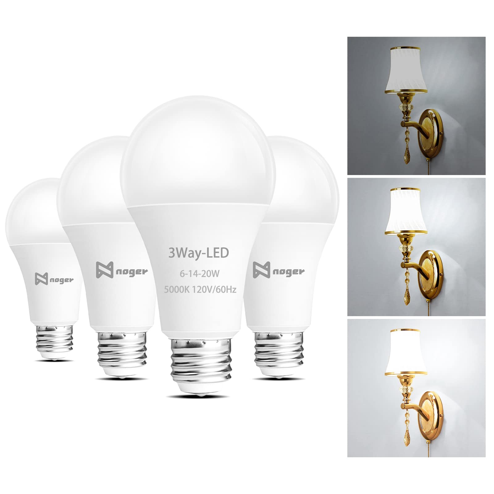 Noger 3-Way Led Light Bulbs A21 4 Pack, 3 Way Light Bulbs 50 100 150W Equivalent, 5000K Daylight, 3 Way E26 Light Bulbs For Read