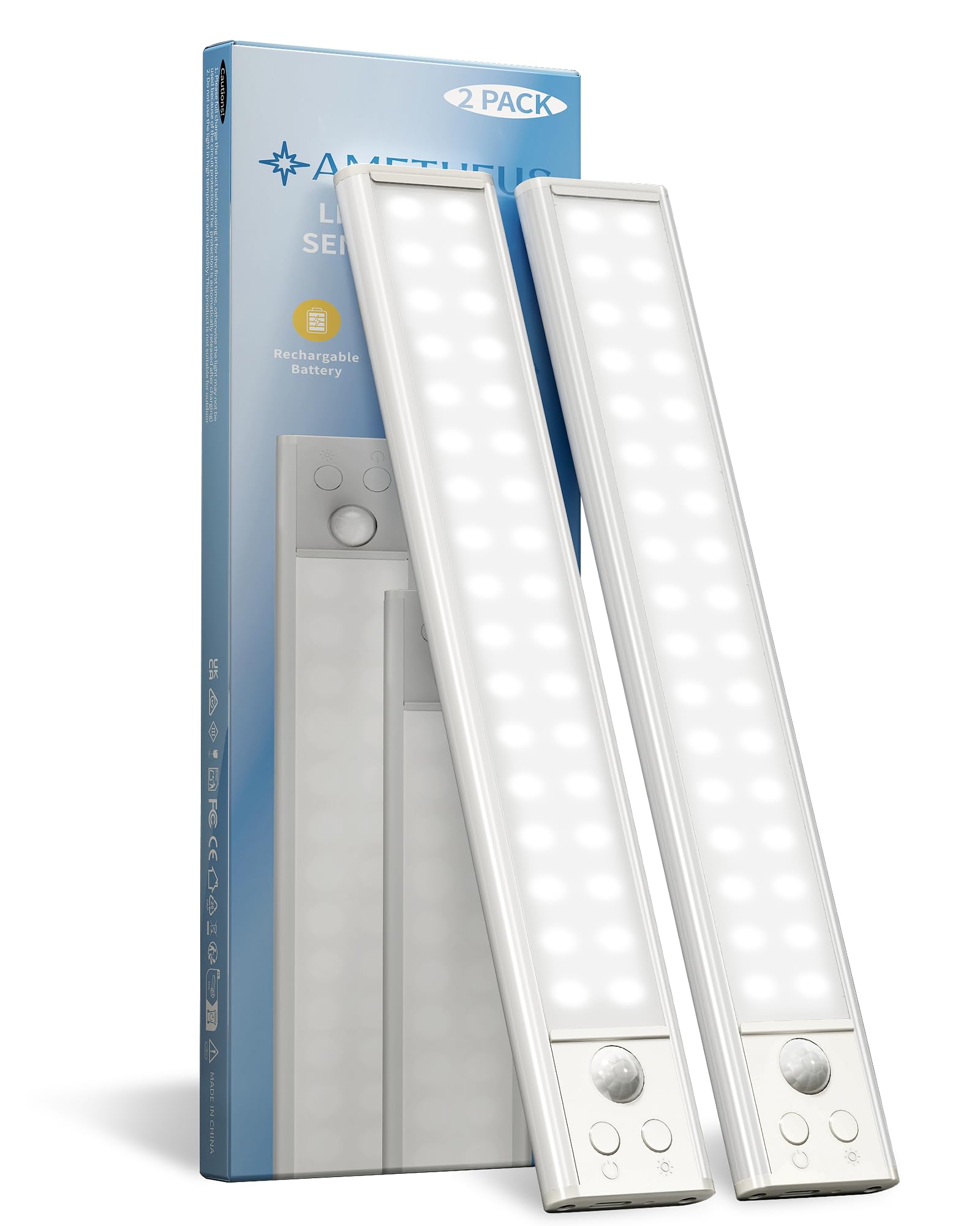 10inch Under Cabinet Lights  Motion Sensor Light Indoor  Wireless Closet Lights  1800mAh Rechargeable Battery  Magnetic  5 Levels Dimmable  Under Counter Lights for Kitchen  Bathroom (2 Pack)