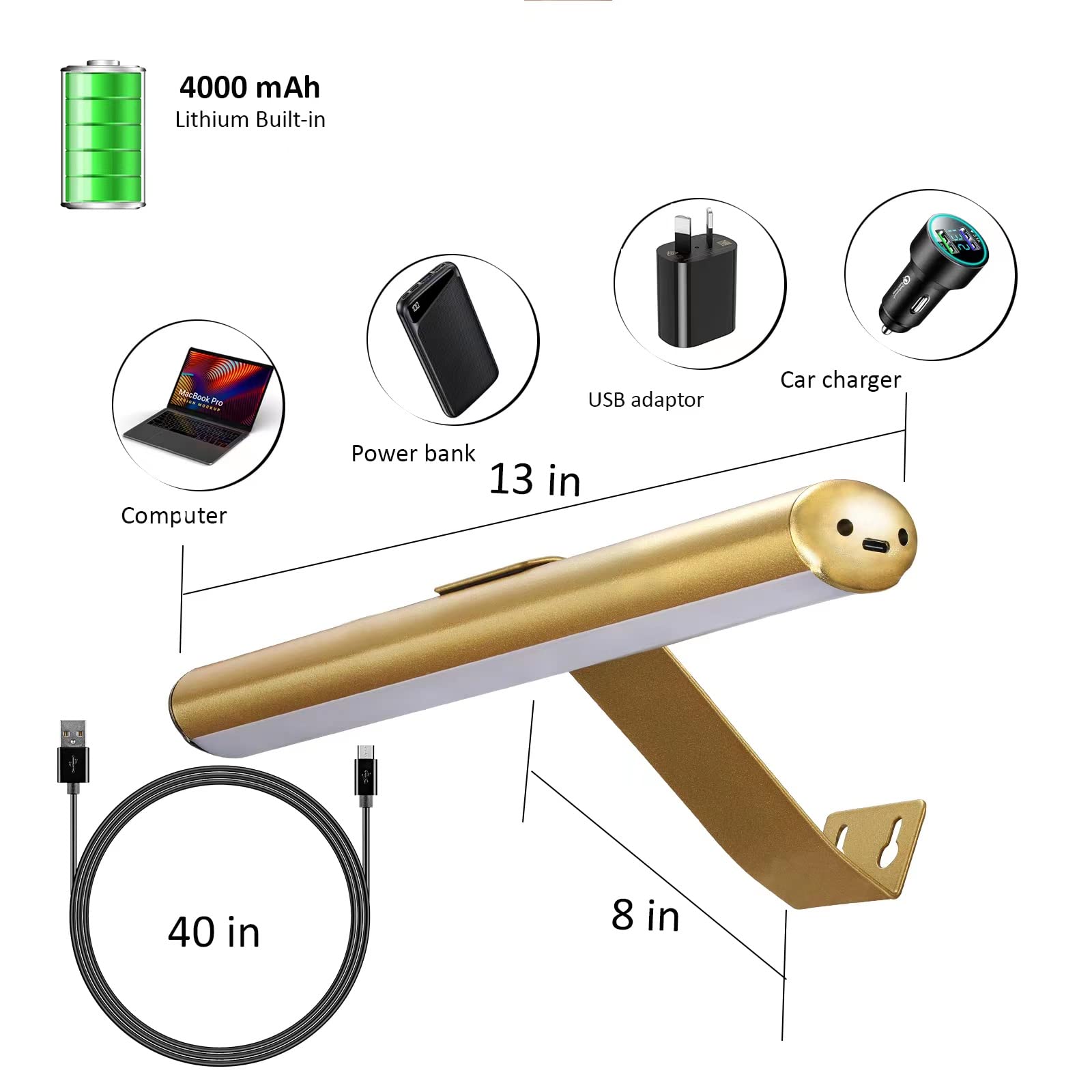 MIOBLUE Rechargeable Metal Picture Light, 13" Gold LED Lamp with Remote, Dimmable, 3 Lighting Modes, Model 33G