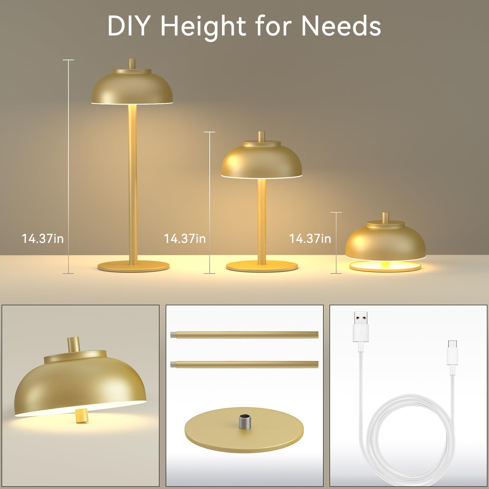 Moragin 2 Pack Gold Led Cordless Table Lamps Rechargeable,Cordless Touch Lamp Battery Operated-Waterproof-For Outdoor Patio/Rest