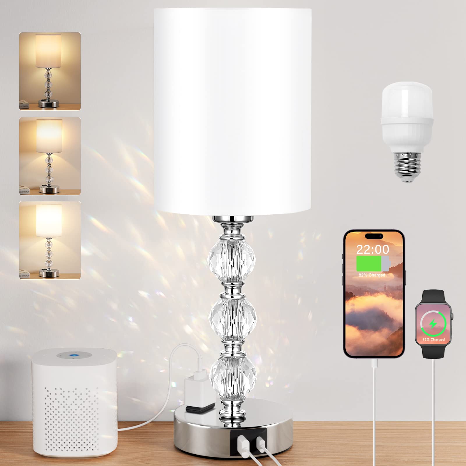Acaxin Touch Bedside Crystal Lamp With Usb Charging Port, 14.6In, White, 3-Way Dimmable For Bedroom, Living Room, Kitchen