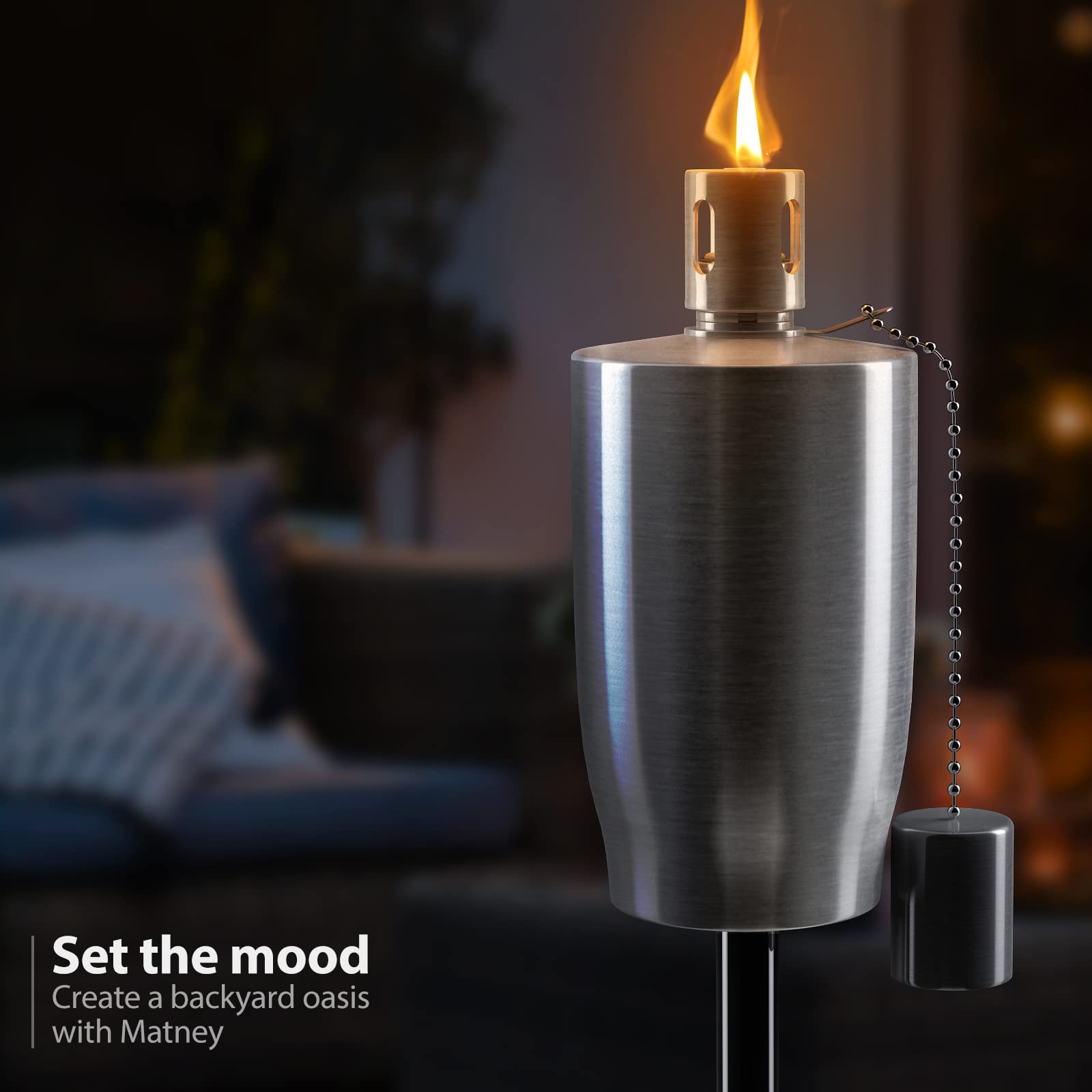 Matney Stainless Steel Outdoor Torches - 5 Ft Tall - Decorative Garden & Yard Lights - Oil Lamp For Citronella - Fiberglass Wick & Snuffer Cap - Set Of 2 (Cylinder)