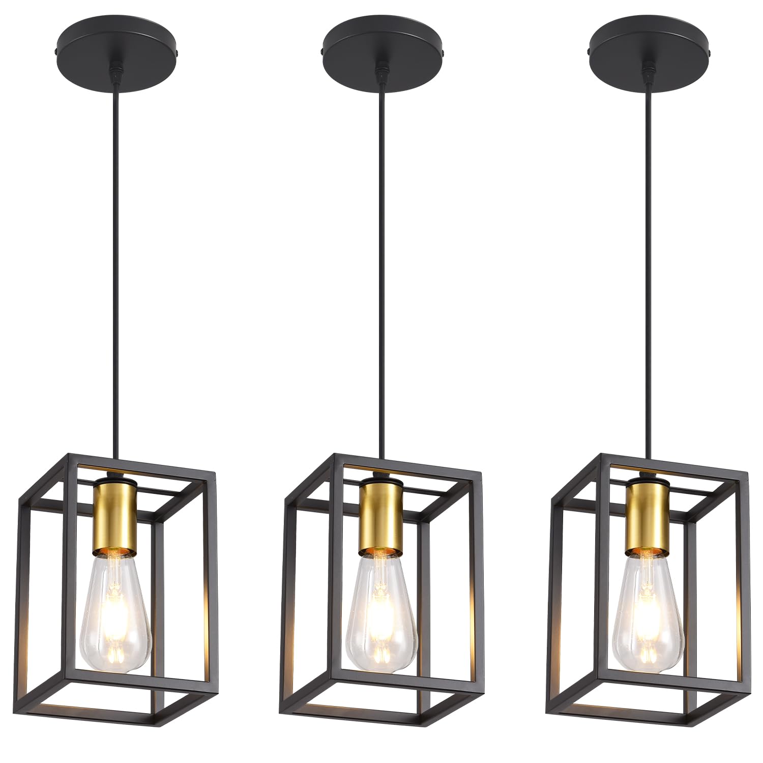 Aojunsansan Black Pendant Lights For Kitchen Island Industrial Lantern Pendant Light Fixtures With Golden Lamp Cup  Farmhouse Adjustable Height Hanging Pendant Lighting