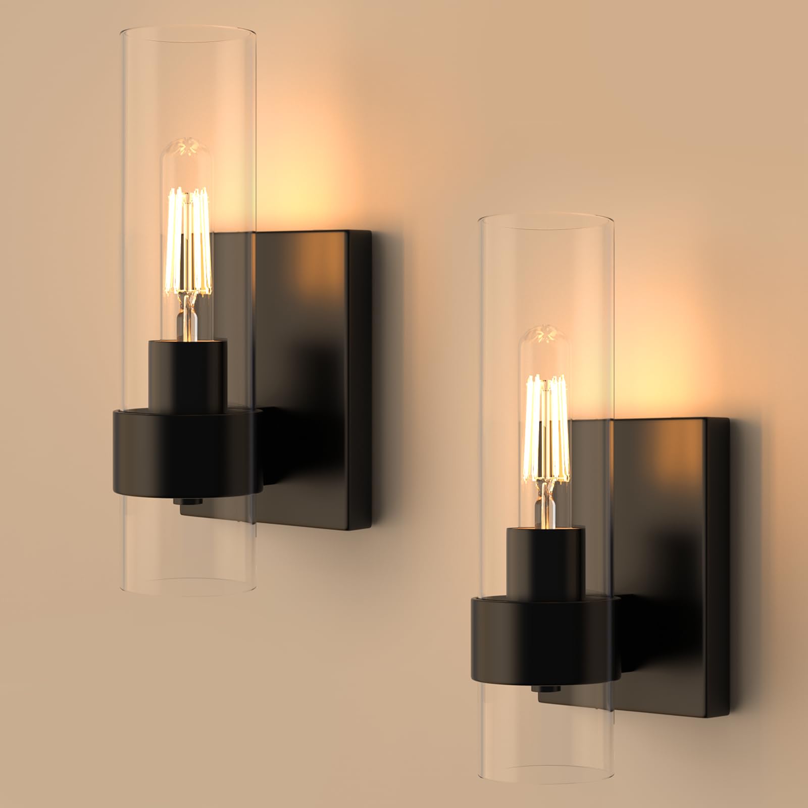 Zevluck Wall Sconces Set of 2, Matte Black Metal Vanity Lights with Clear Glass for Bathroom, Bedroom, Living Room, Model 726810190082