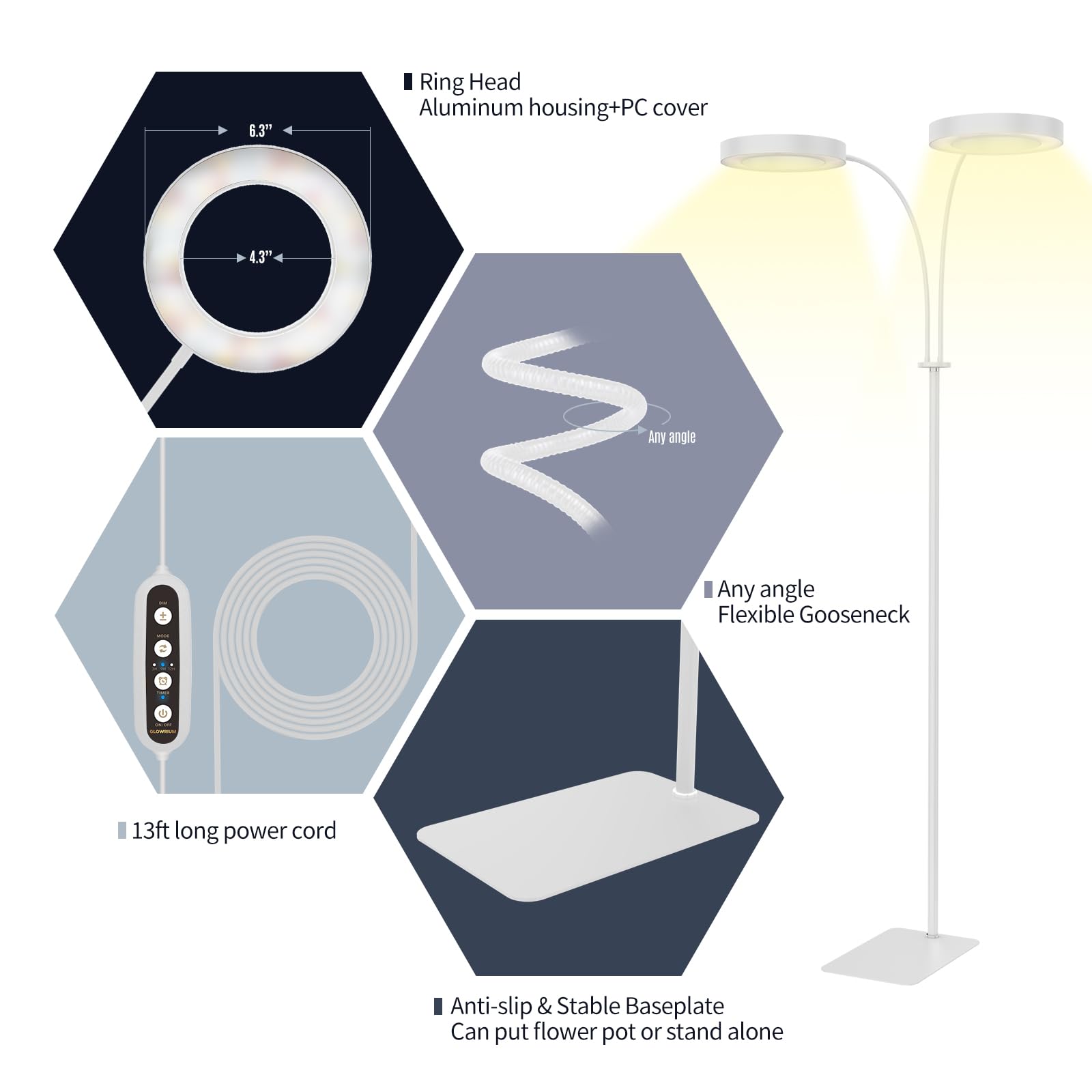 Glowrium Grow Lights For Indoor Plants  40W Led 2-Head Plant Grow Lights With Auto-Timer  Full Spectrum Adjustable Height Standing Plant Grow Light  3 Light Modes  6-Level Dimmable (White)