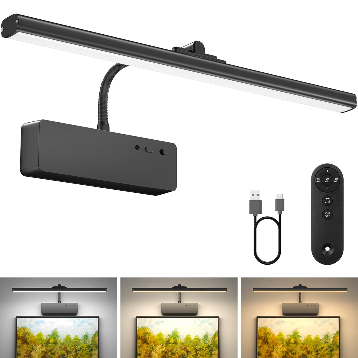 Picture Light with Remote, 15.35inch Wireless Rechargeable Battery Wall Light for Paintings, 3 Colors Paintings Light Dimmable and Timer Metal Art Light for Display, Wall, Artwork, Gallery (Black)