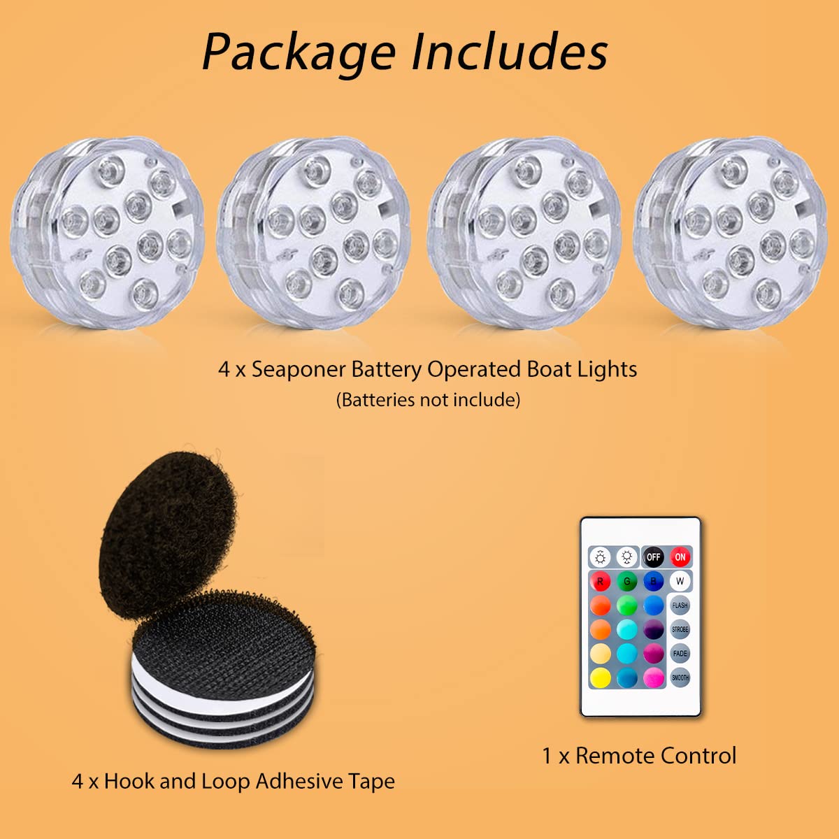 Seaponer Wireless RGB Boat Lights, Waterproof LED Deck & Interior Lighting, Remote Controlled, 4pcs
