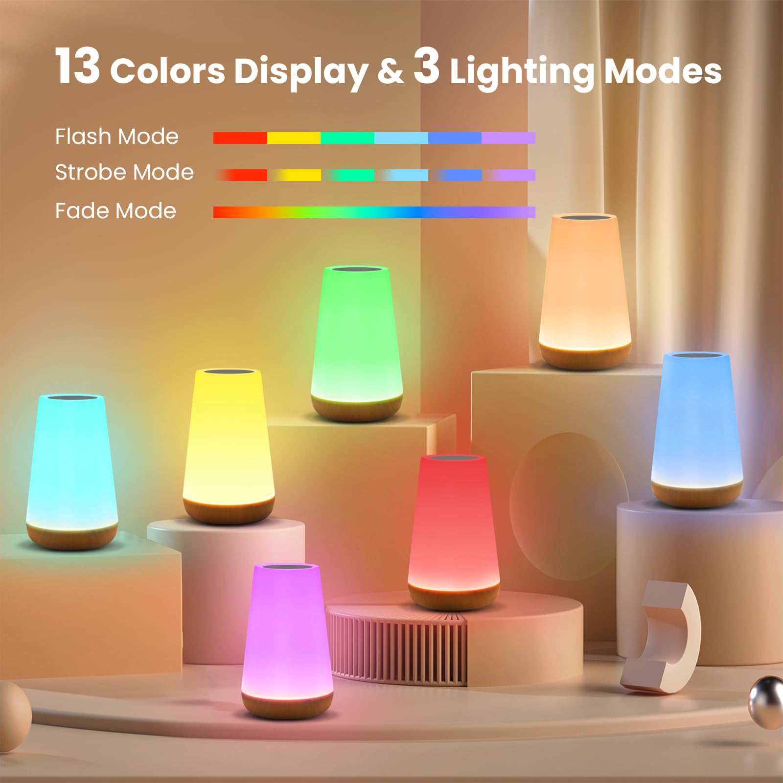 THAUSDAS Dimmable Touch Lamp - Large Brown Glass Night Light, 5 Brightness Levels, 13 RGB Colors, Model M4 for Bedroom & Nursery
