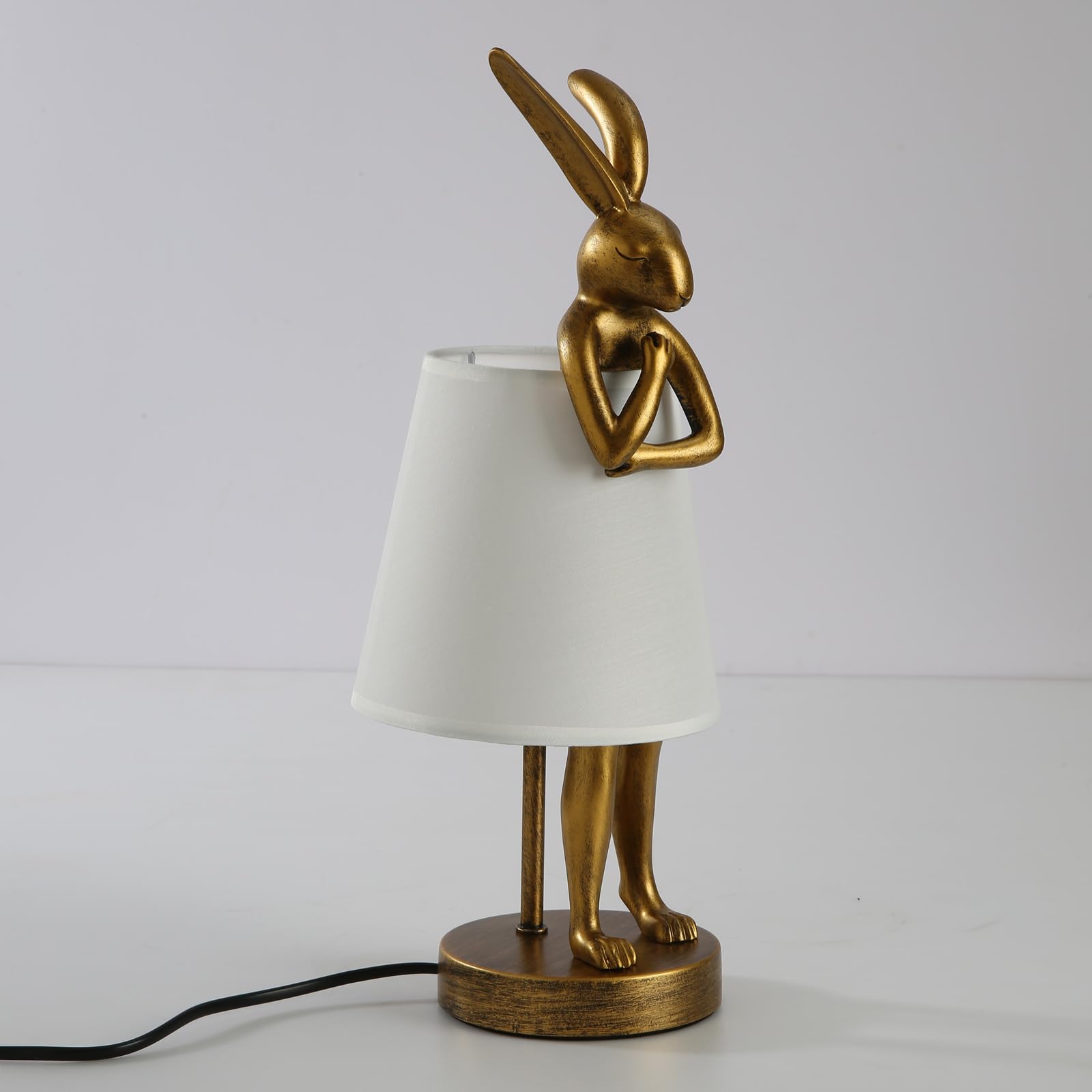 Nordiem Cute Rabbit Animal Table Lamp, Creative Gold Resin Apron Led Desk Light,White Linen Shade,15.7'', Home Decor Eye Protect