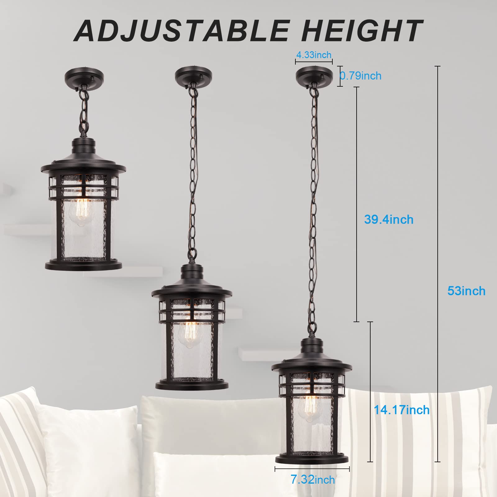 Darkaway Outdoor Pendant Light, 15in Aluminum Chandelier with Seeded Glass, Large, Black, Model 6X20H-M BK