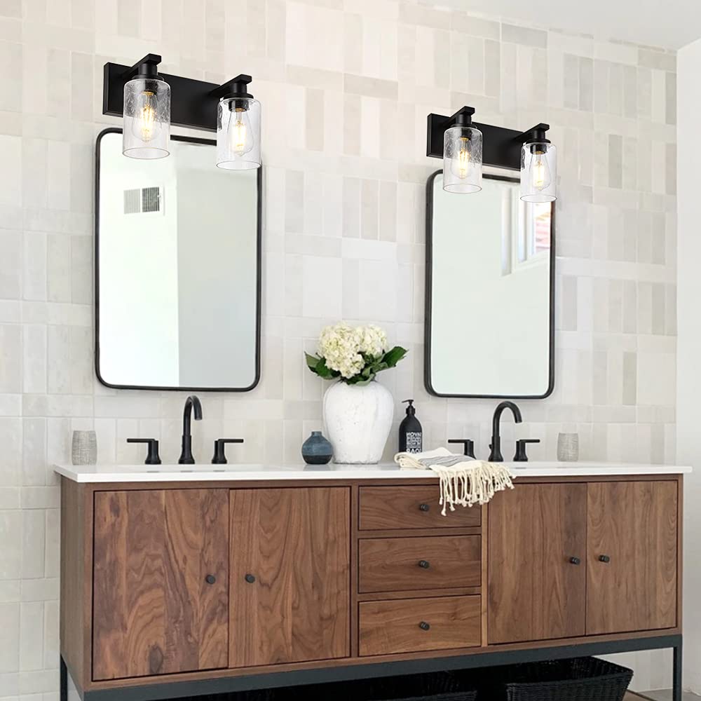 Winshen Vanity Lights 3-Lights Bathroom Light Fixtures Over Mirror In Black Finished, Bath Wall Lighting With Cylinder Seeded Gl