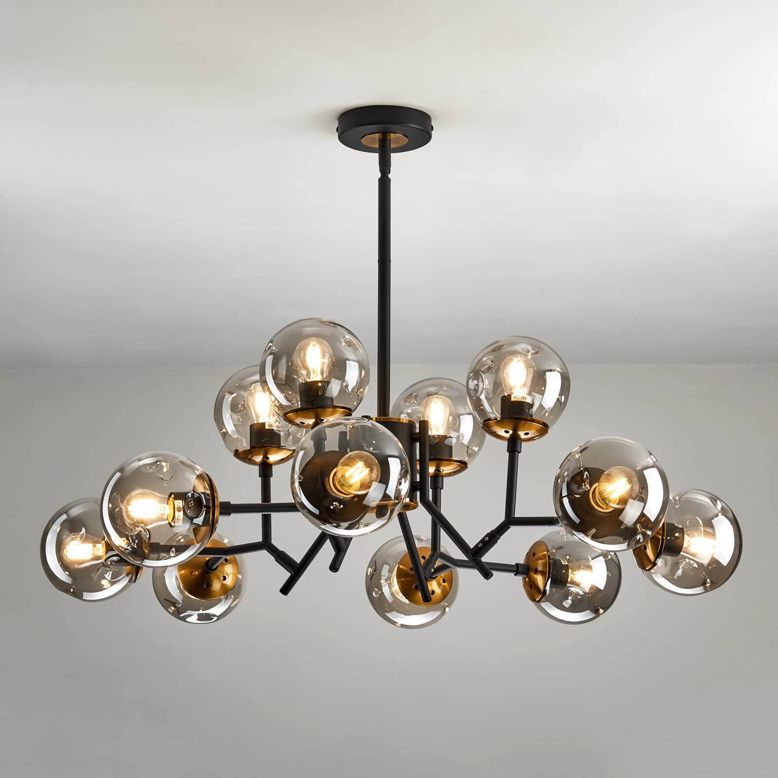 UOFUS 12-Light Glass Globe Sputnik Chandelier Mid-Century Modern Matte Black and Gold Ceiling Light Fixture Vintage Hanging Pend