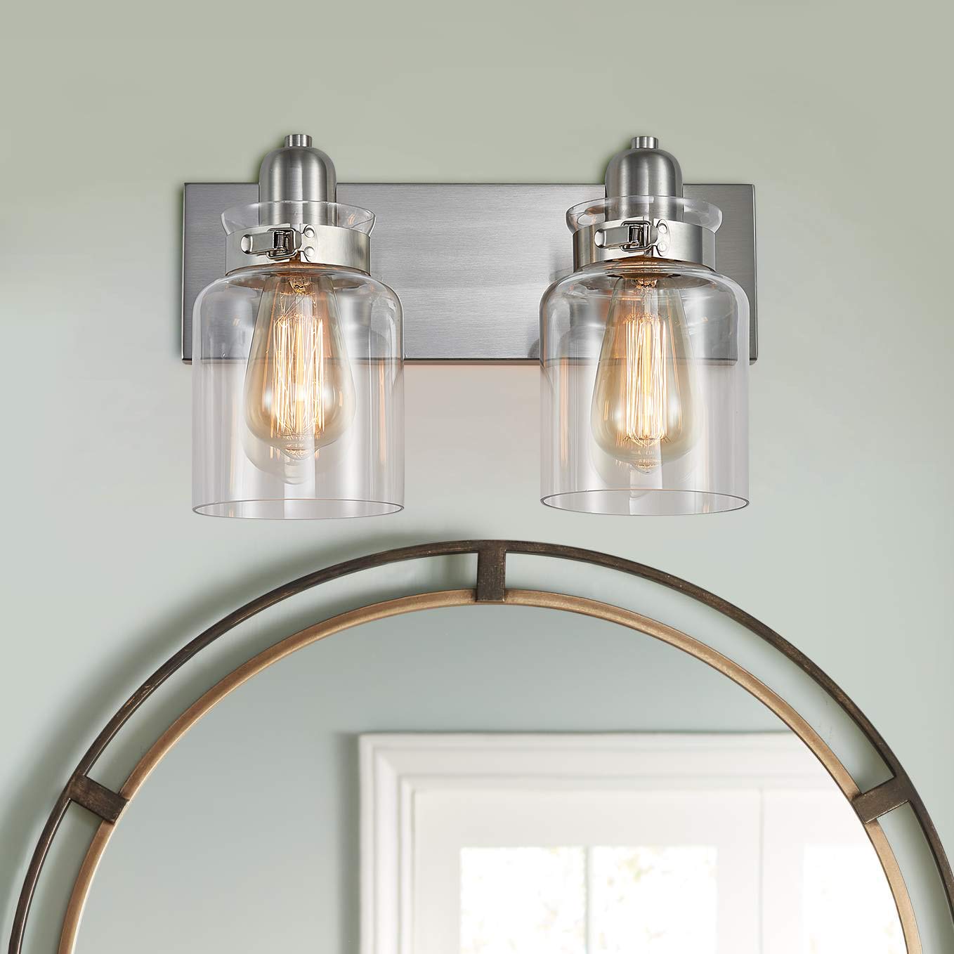 Bestier 2-Light Bath Vanity Wall Sconce Brushed Nickel Glass AK-AJ-18103 7in Width 8.3in Height E26 LED Bulbs Required
